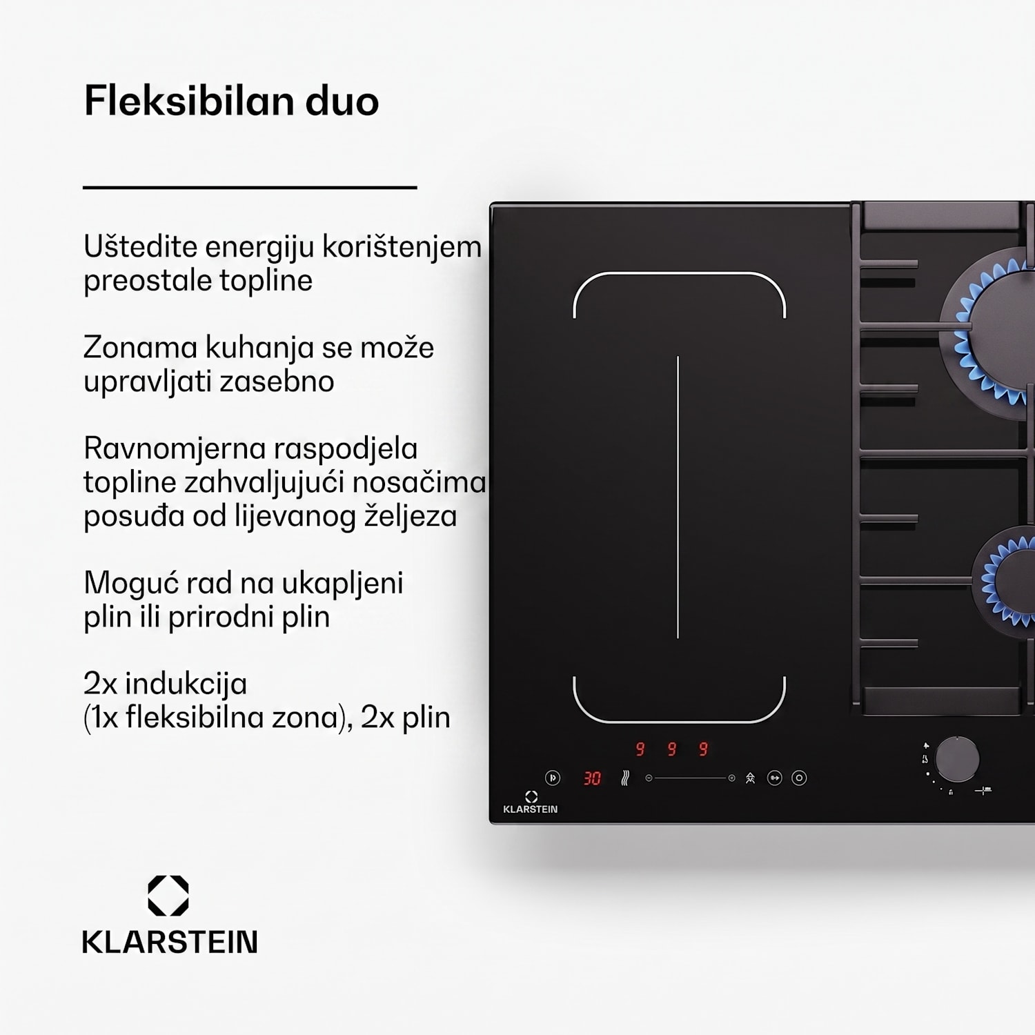 MultiChef 4, indukcijska i plinska ploča za kuhanje, 4 zone za kuhanje, 2 plinska plamenika, 2 indukcijske ploče za kuhanje, FlexZone 60 cm | Plinska i indukcijska ploča | Crna
