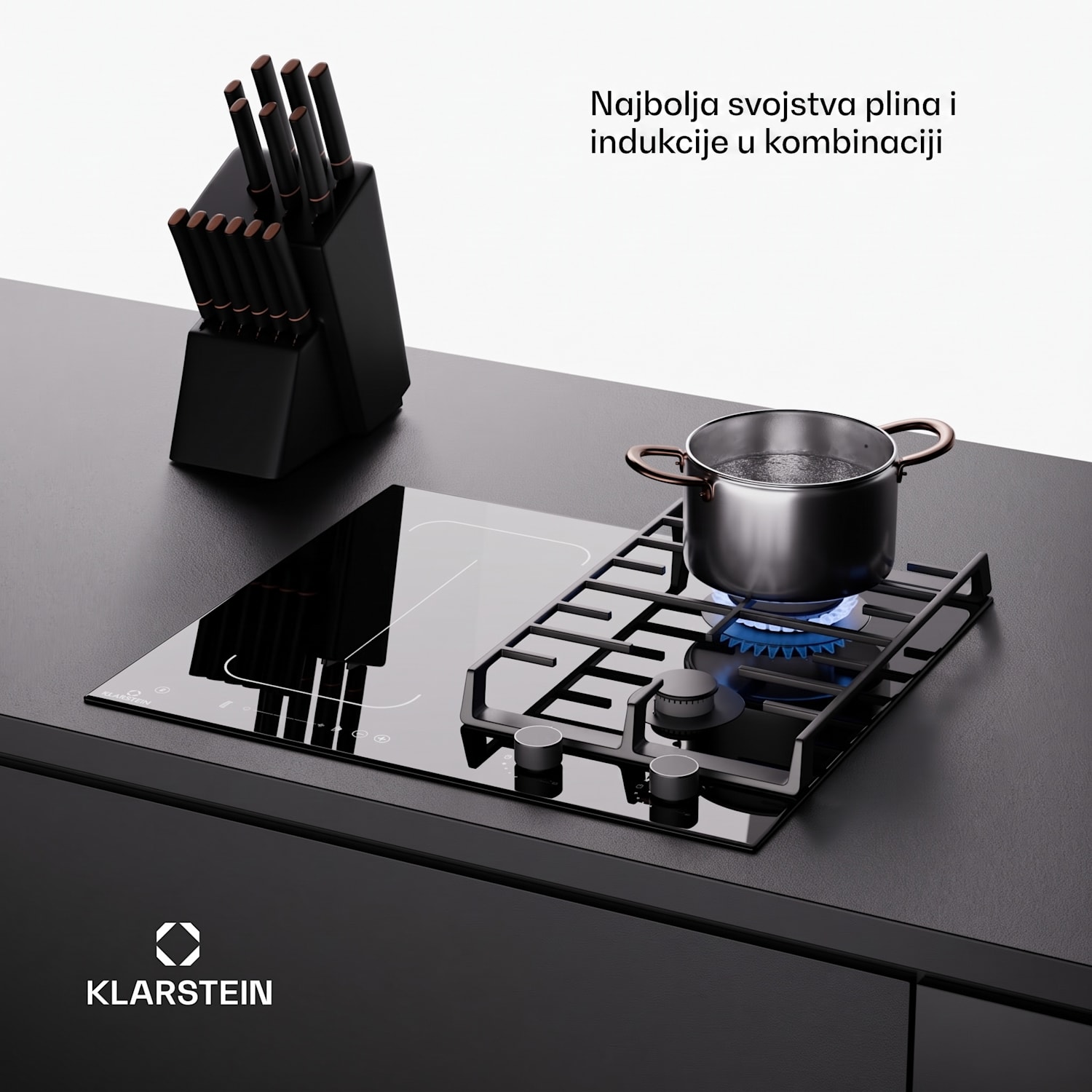 MultiChef 4, indukcijska i plinska ploča za kuhanje, 4 zone za kuhanje, 2 plinska plamenika, 2 indukcijske ploče za kuhanje, FlexZone 60 cm | Plinska i indukcijska ploča | Crna