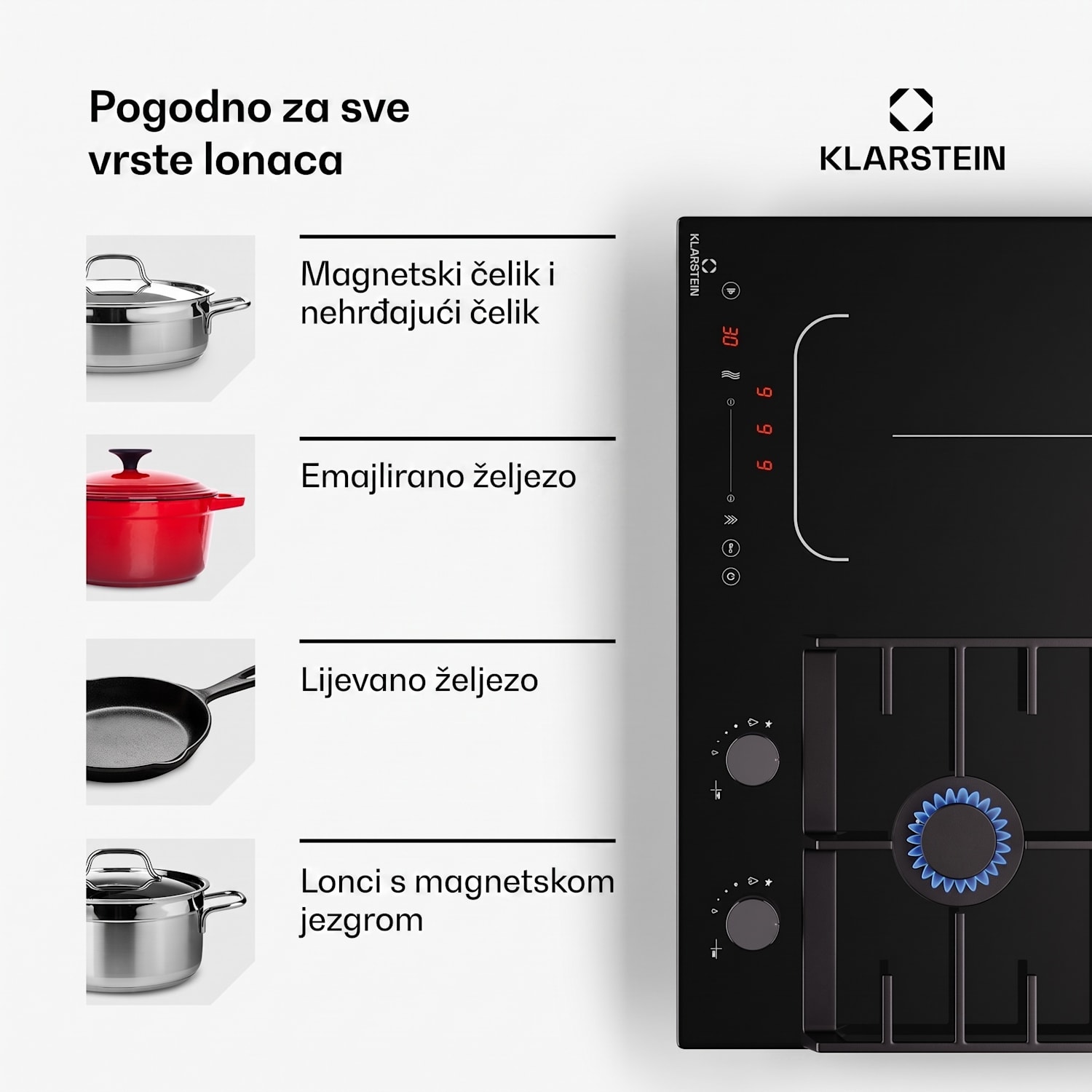 MultiChef 4, indukcijska i plinska ploča za kuhanje, 4 zone za kuhanje, 2 plinska plamenika, 2 indukcijske ploče za kuhanje, FlexZone 60 cm | Plinska i indukcijska ploča | Crna