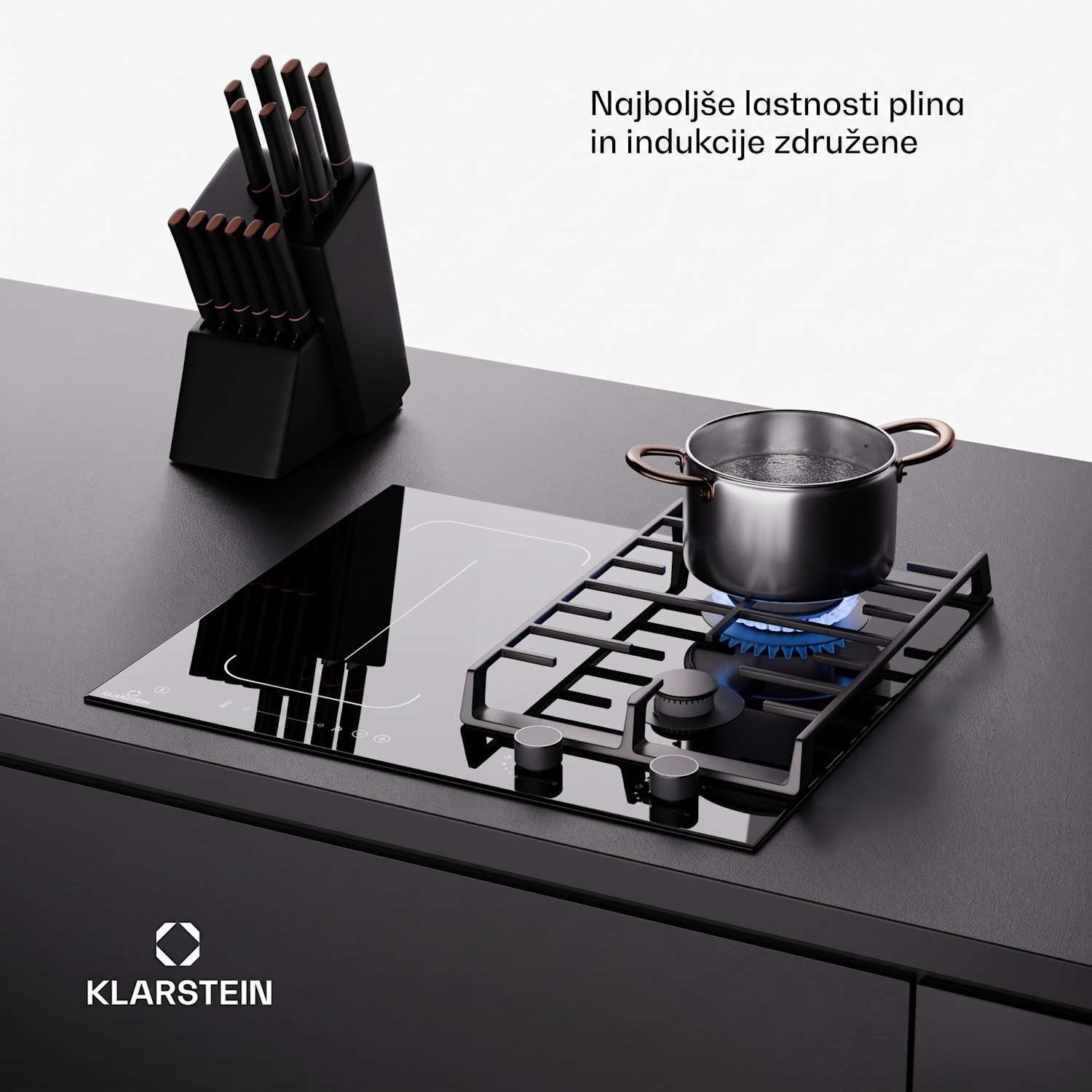 MultiChef 4, indukcijska in plinska kuhalna plošča, 4 kuhališča, 2 plinska gorilnika, 2 indukcijski kuhališči, FlexZone 60 cm | Plinska in indukcijska plošča | Črna
