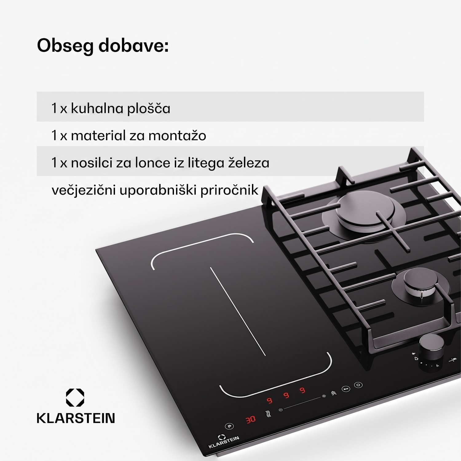 MultiChef 4, indukcijska in plinska kuhalna plošča, 4 kuhališča, 2 plinska gorilnika, 2 indukcijski kuhališči, FlexZone 60 cm | Plinska in indukcijska plošča | Črna