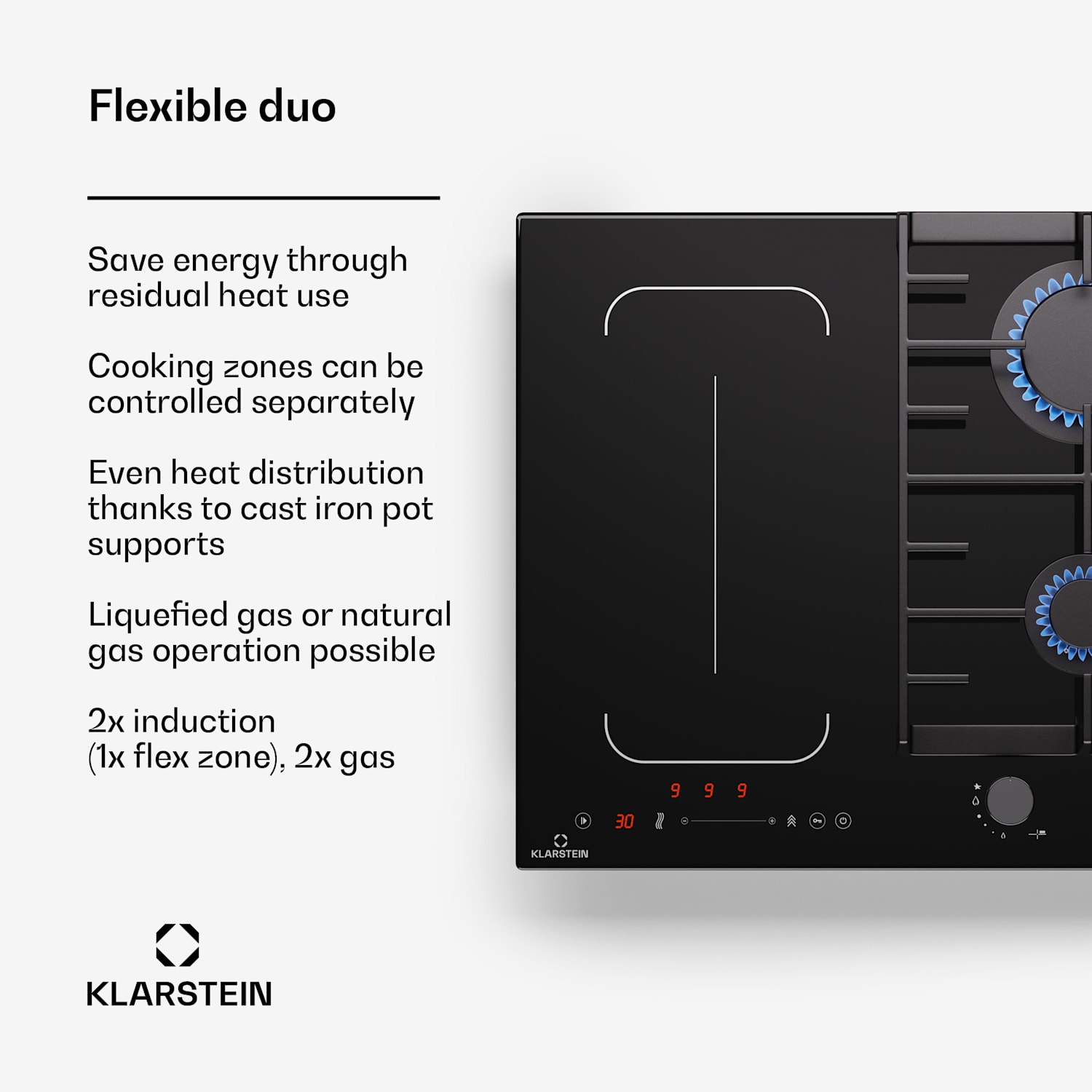 MultiChef 4, indukčné a plynové varná doska, 4 varné zóny, 2 plynové horáky, 2 indukčné varné dosky, FlexZone 60 cm | Plynová a indukčná doska | Čierna