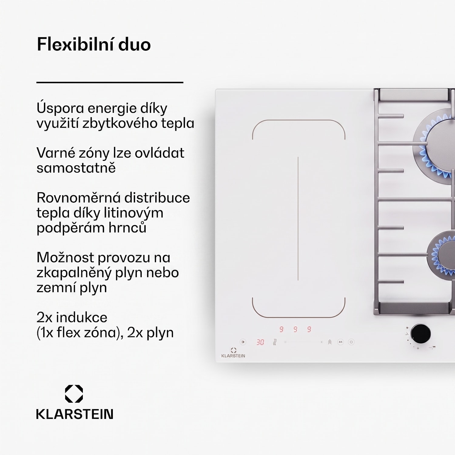 MultiChef 4, indukční a plynová varná deska, 4 varné zóny, 2 plynové hořáky, 2 indukční varné desky, FlexZone 60 cm | Plynová a indukční varná deska | Bílá