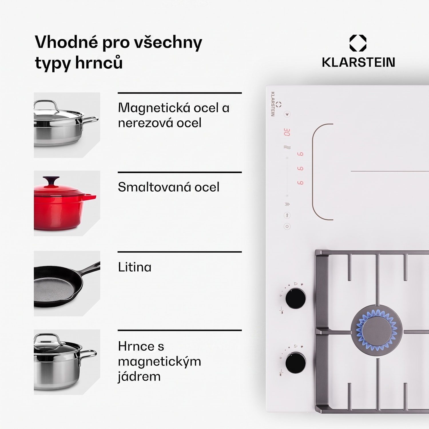 MultiChef 4, indukční a plynová varná deska, 4 varné zóny, 2 plynové hořáky, 2 indukční varné desky, FlexZone 60 cm | Plynová a indukční varná deska | Bílá