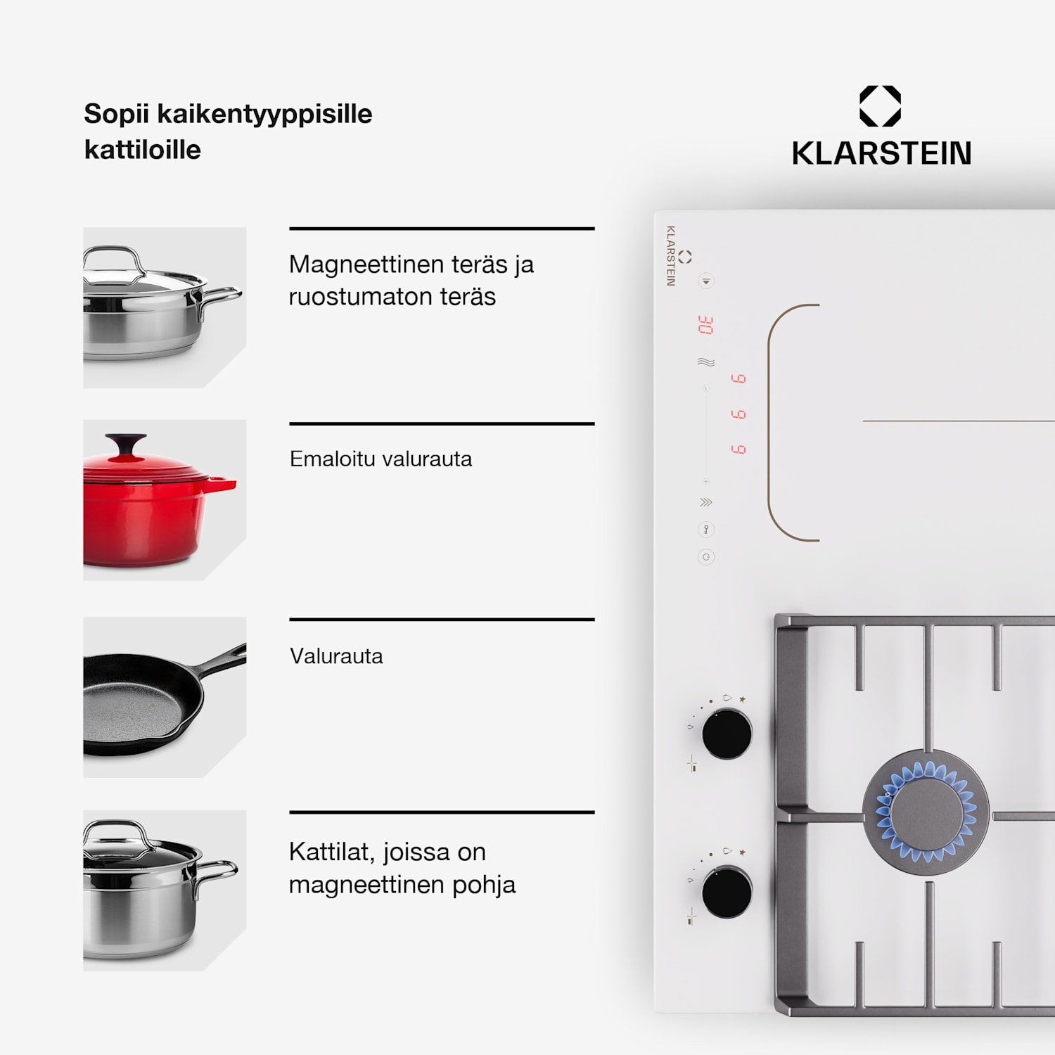 MultiChef 4 induktio- ja kaasuliesi 4 keittoaluetta 2 kaasupoltinta 2 induktioaluetta FlexZone 60 cm | Kaasu- ja induktioliesitaso | Valkoinen