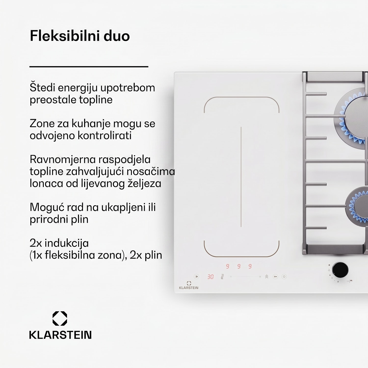 MultiChef 4, indukcijska i plinska ploča za kuhanje, 4 zone za kuhanje, 2 plinska plamenika, 2 indukcijske ploče za kuhanje, FlexZone 60 cm | Plinska i indukcijska ploča | Bijela