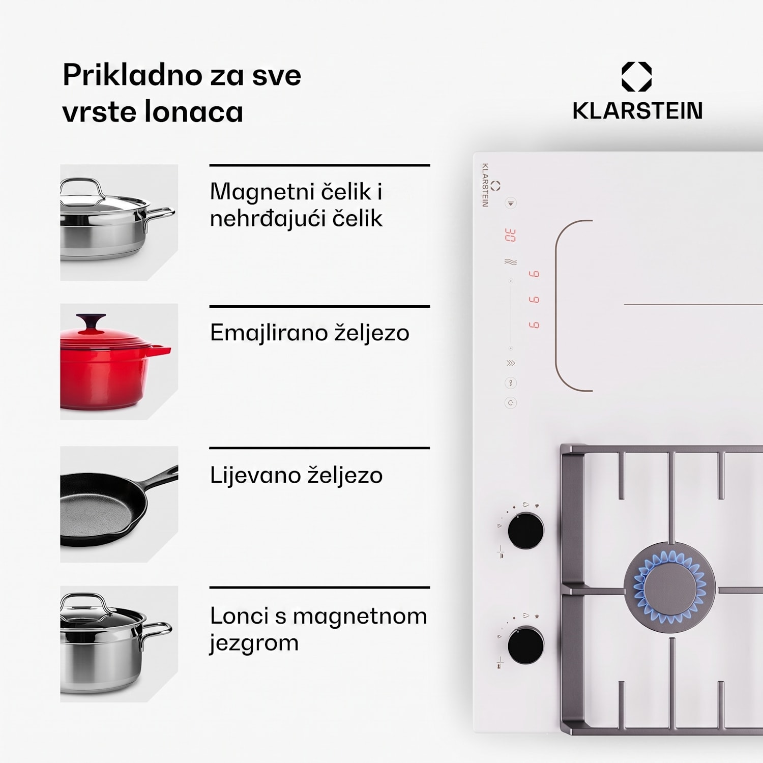 MultiChef 4, indukcijska i plinska ploča za kuhanje, 4 zone za kuhanje, 2 plinska plamenika, 2 indukcijske ploče za kuhanje, FlexZone 60 cm | Plinska i indukcijska ploča | Bijela