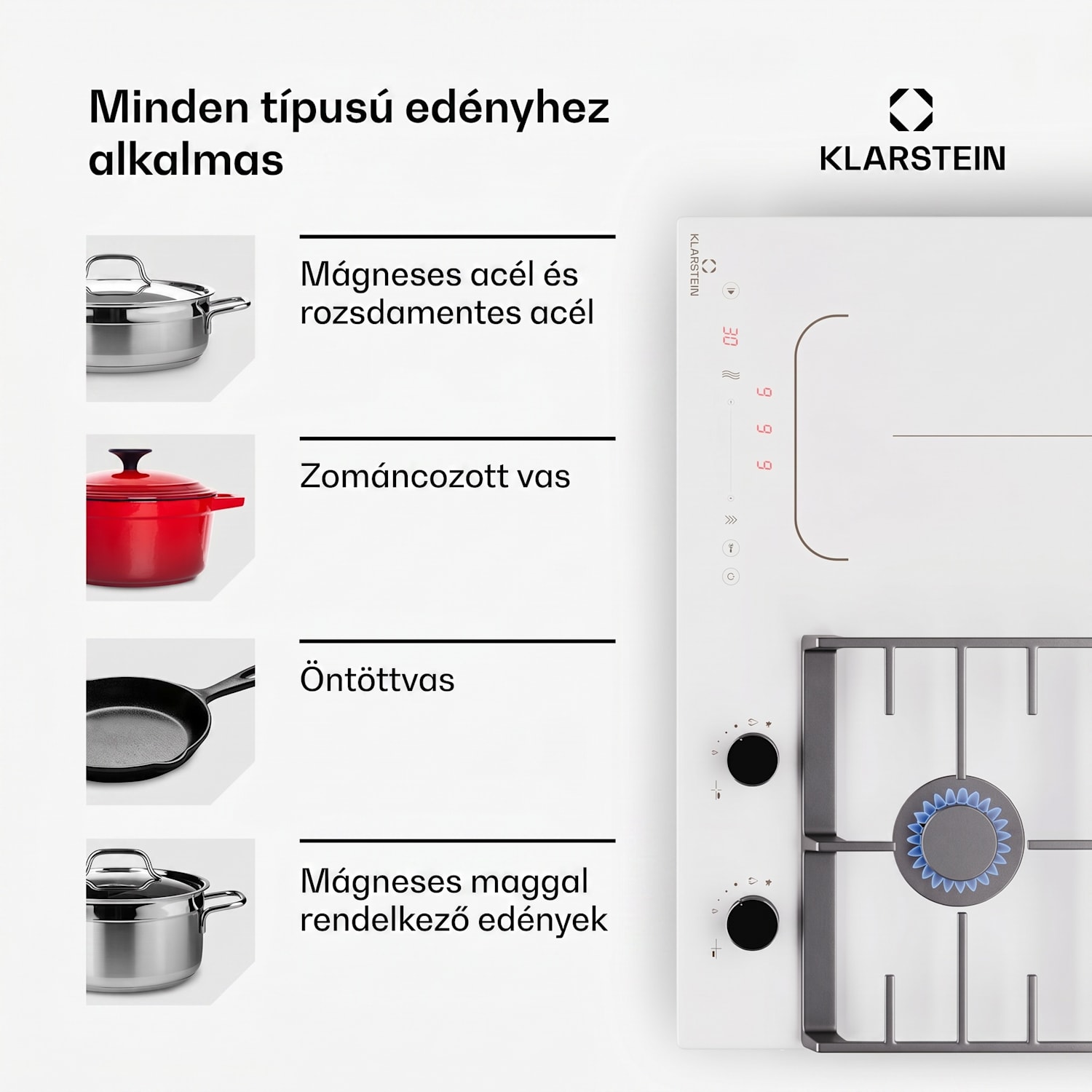 MultiChef 4, indukciós és gáz tűzhely, 4 főzőzóna, 2 gázégő, 2 indukciós főzőlap, FlexZone 60 cm | Gáz + indukciós főzőlap | Fehér