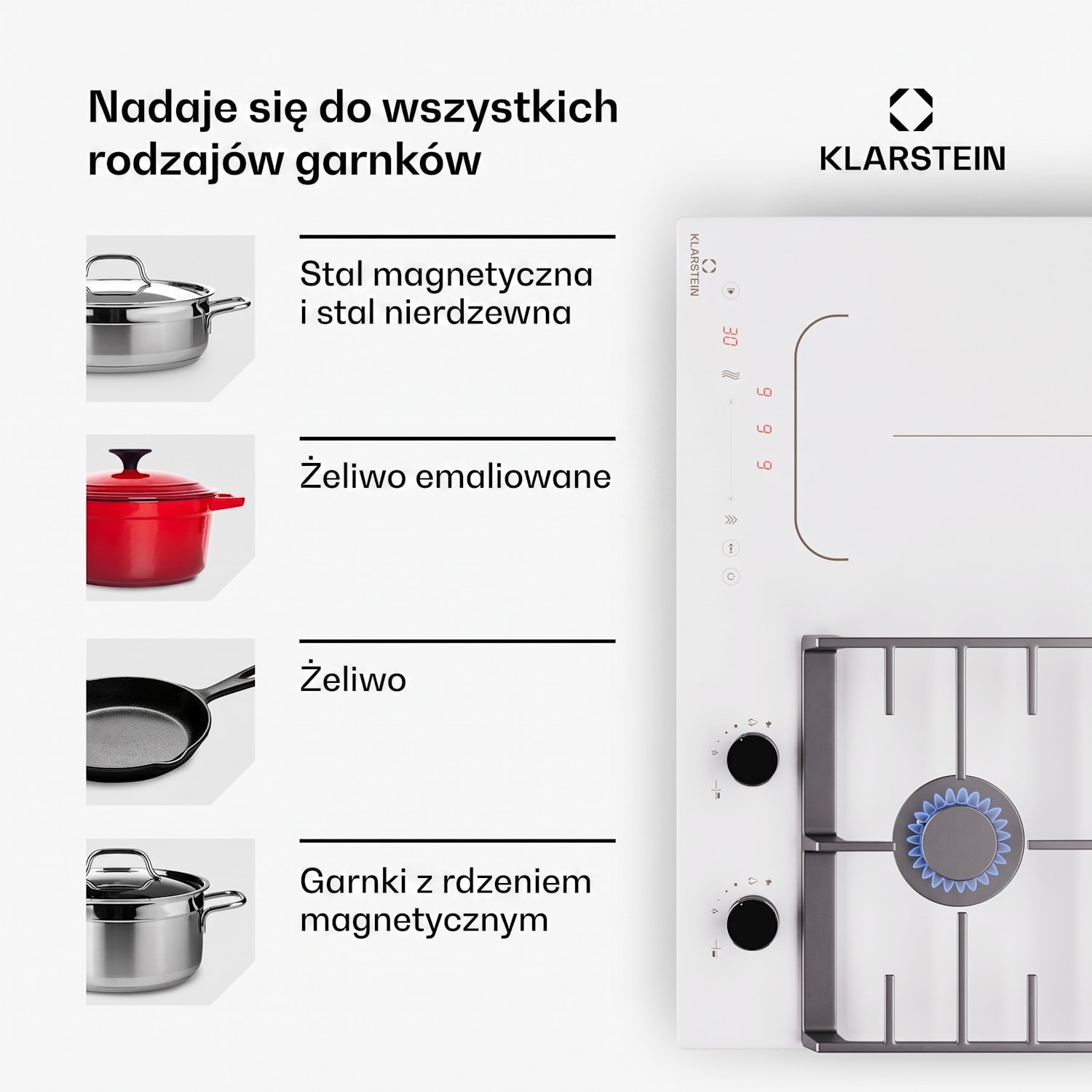 MultiChef 4, płyta indukcyjna i gazowa, 4 strefy gotowania, 2 palniki gazowe, 2 pola indukcyjne, FlexZone 60 cm | Płyta gazowa i indukcyjna | Biały