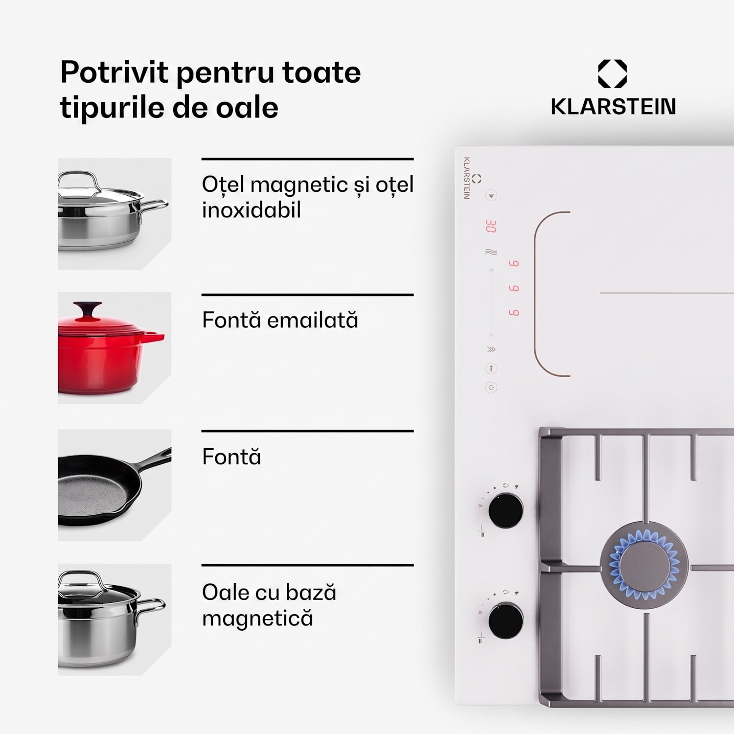 MultiChef 4, plită cu inducție și gaz, 4 zone de gătit, 2 arzătoare cu gaz, 2 plite cu inducție, FlexZone 60 cm | Plită pe gaz și inducție | Alb