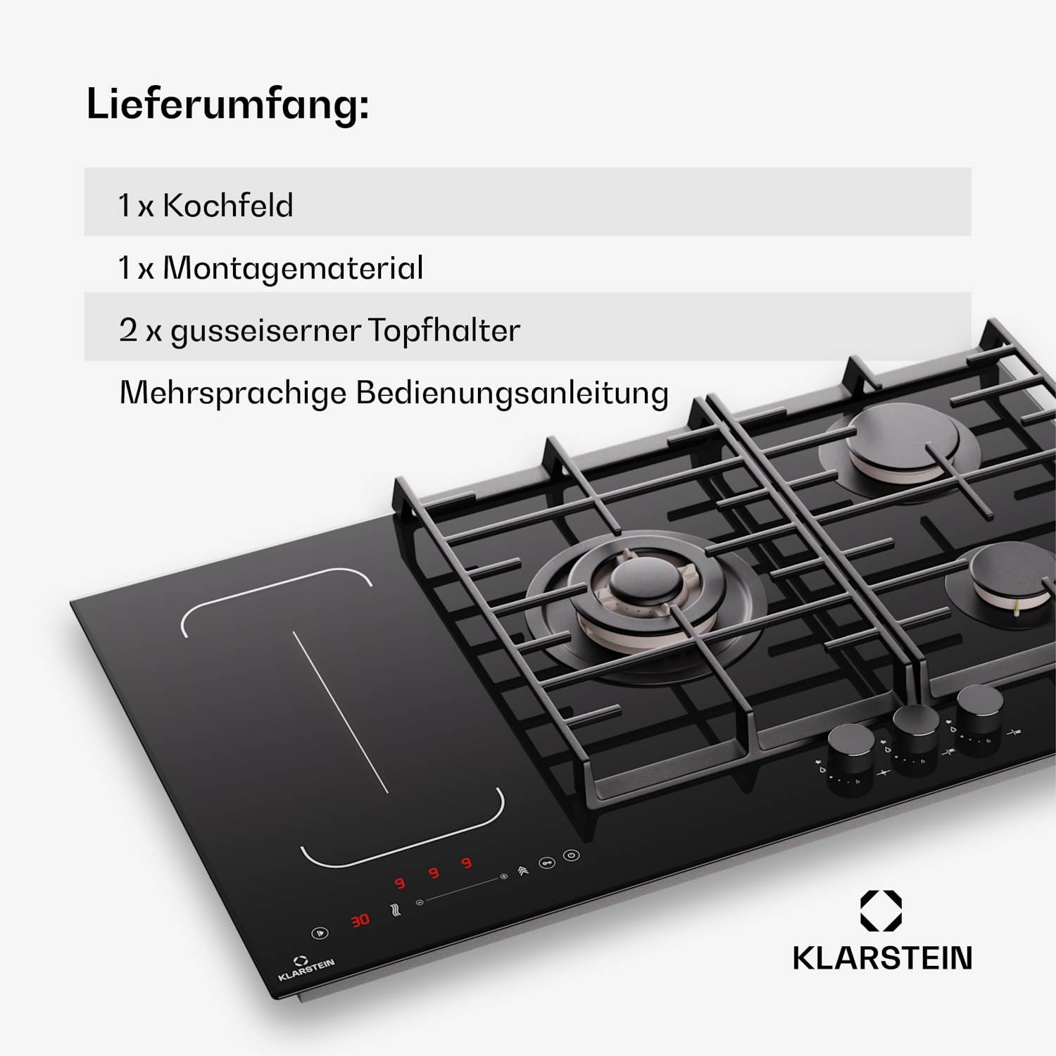 Multichef 5 - Piano cottura a gas e induzione, 5 zone, 3 bruciatori a gas, 2 zone a induzione, FlexZone 90 cm | Piano cottura a gas + induzione con griglia | Nero