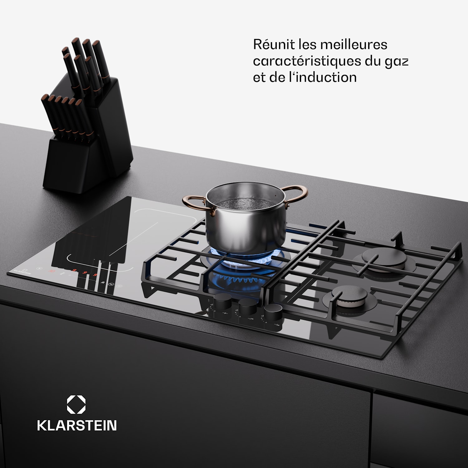 MultiChef 5 inductie- en gaskookplaat 5 kookzones 3 gaspitten 2 inductievelden flexzone 90 cm | Gaskookplaat + inductie met rooster | Zwart