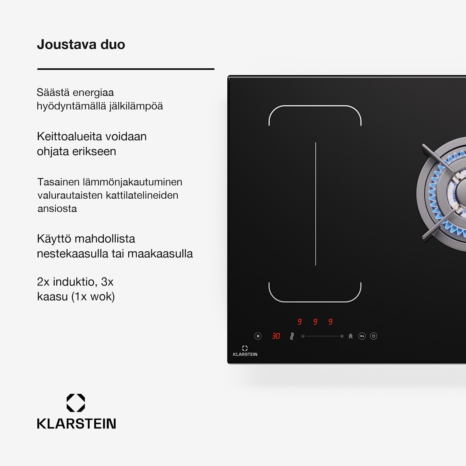 MultiChef 5 Wok induktio- ja kaasuliesi 5 keittoaluetta 3 kaasupoltinta 2 induktioaluetta FlexZone 90 cm | Kaasu- ja induktioliesitaso | Musta