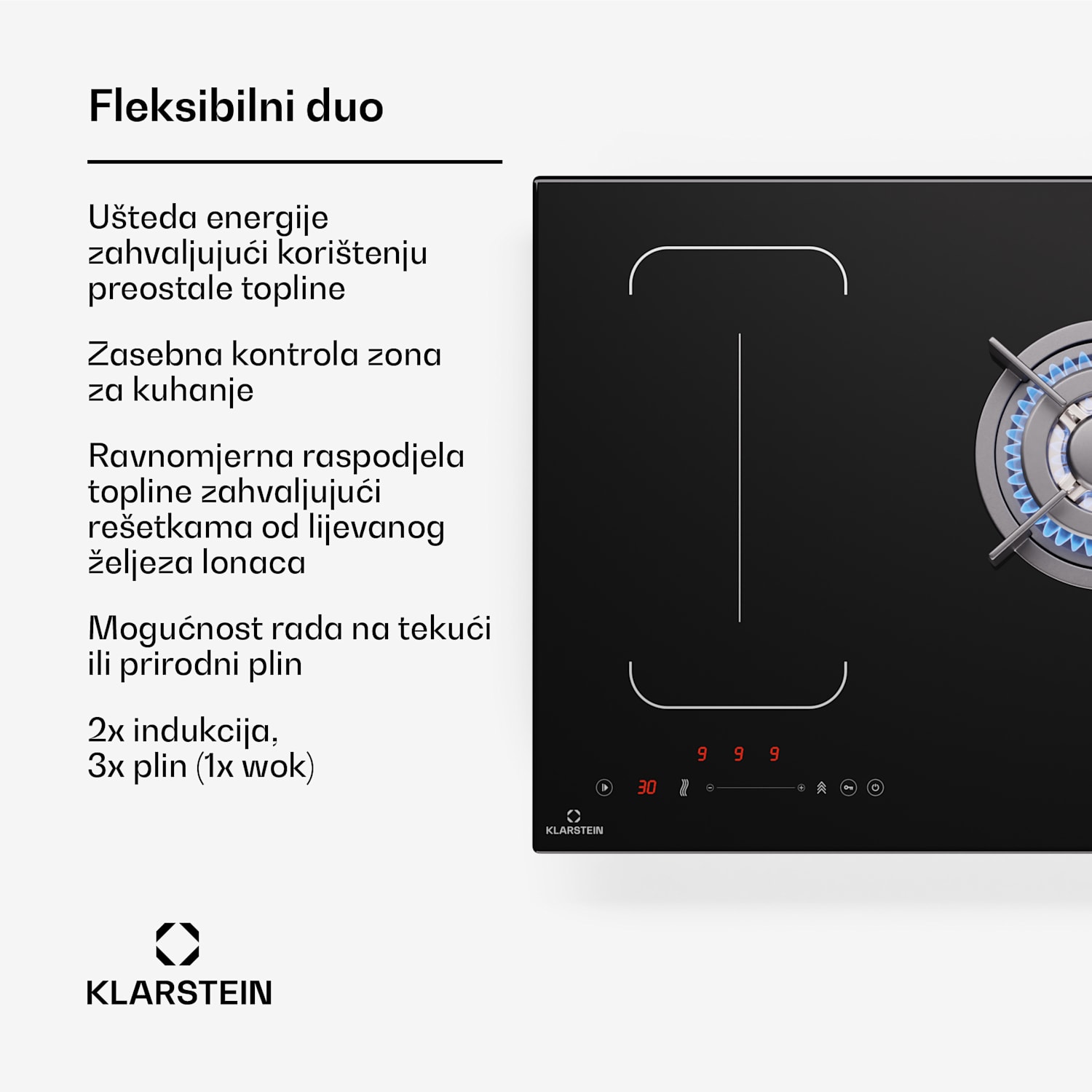 MultiChef 5 Wok, indukcijska i plinska ploča za kuhanje, 5 zona za kuhanje, 3 plinska plamenika, 2 indukcijske ploče za kuhanje, FlexZone 90 cm | Plinska i indukcijska ploča | Crna