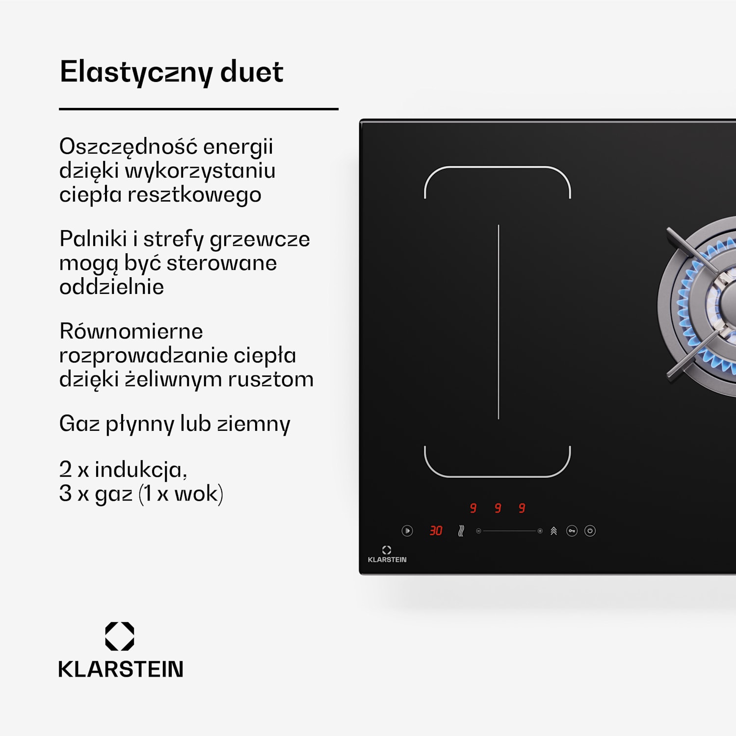MultiChef 5 Wok, płyta indukcyjna i gazowa, 5 stref gotowania, 3 palniki gazowe, 2 pola indukcyjne, FlexZone 90 cm | Płyta gazowa i indukcyjna | Czarny