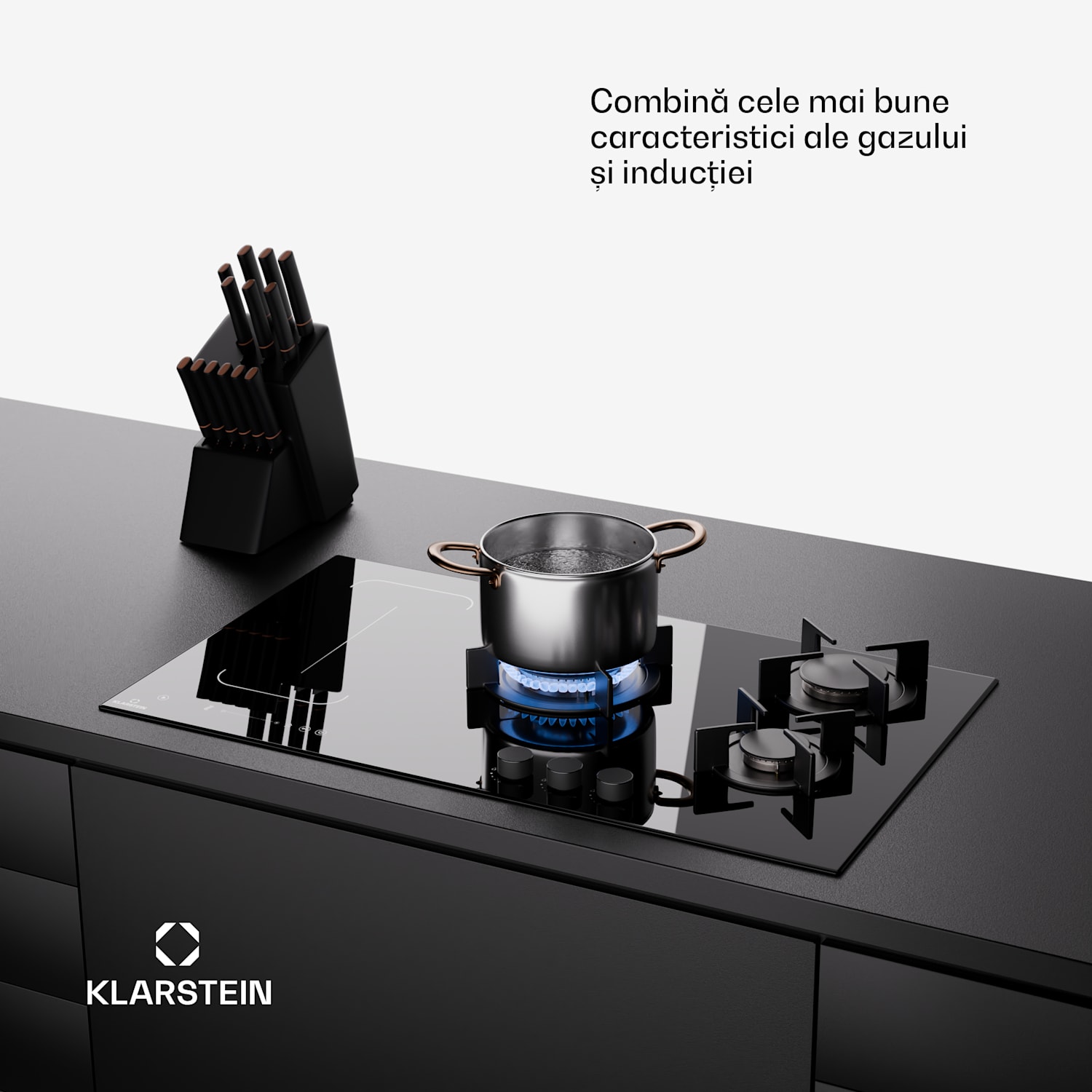 MultiChef 5, plită cu inducție și gaz, 5 zone de gătit, 3 arzătoare cu gaz, 2 plite cu inducție, FlexZone 90 cm | Plită pe gaz și inducție | Negru