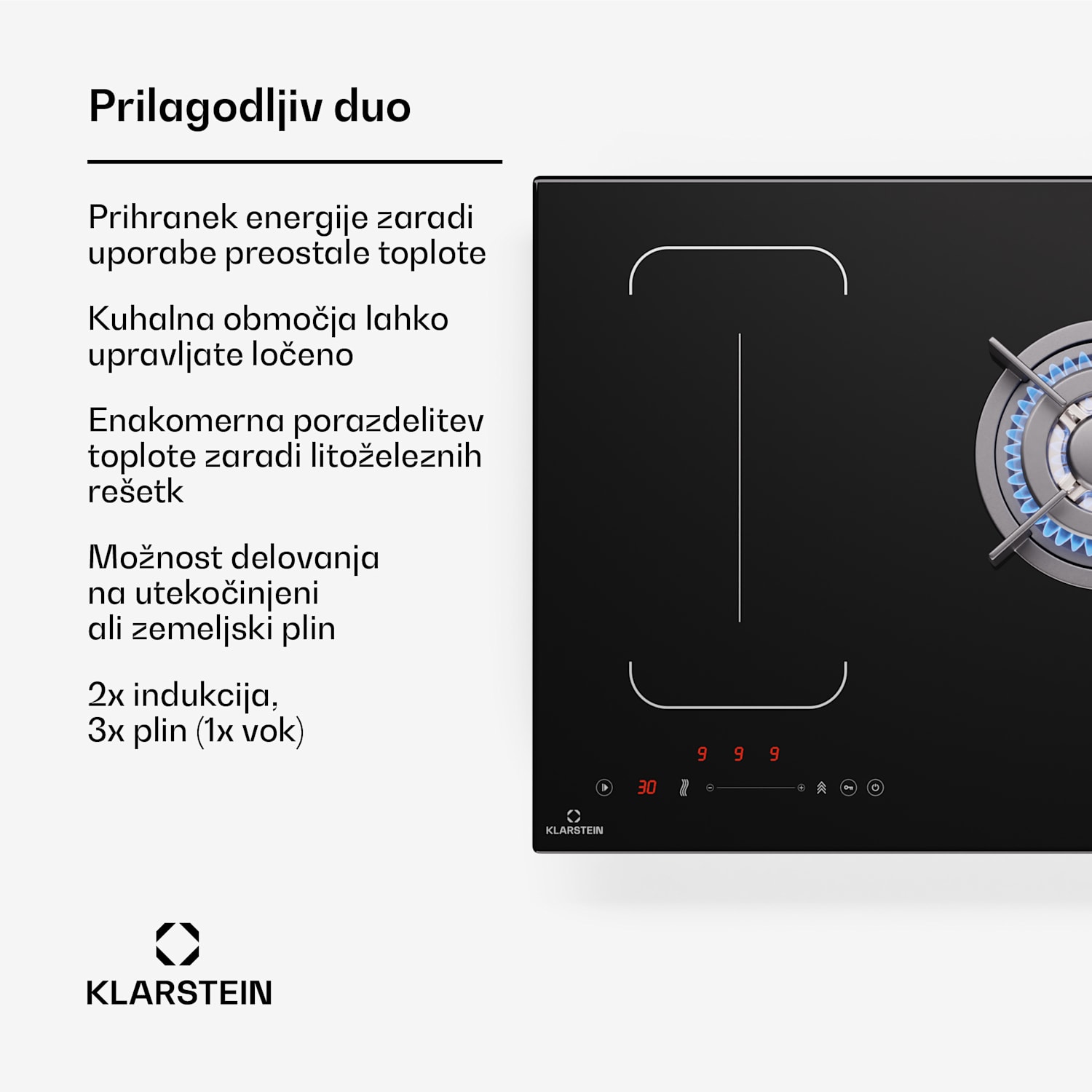MultiChef 5 Wok, indukcijska in plinska kuhalna plošča, 5 kuhališč, 3 plinski gorilniki, 2 indukcijski kuhališči, FlexZone 90 cm | Plinska in indukcijska plošča | Črna