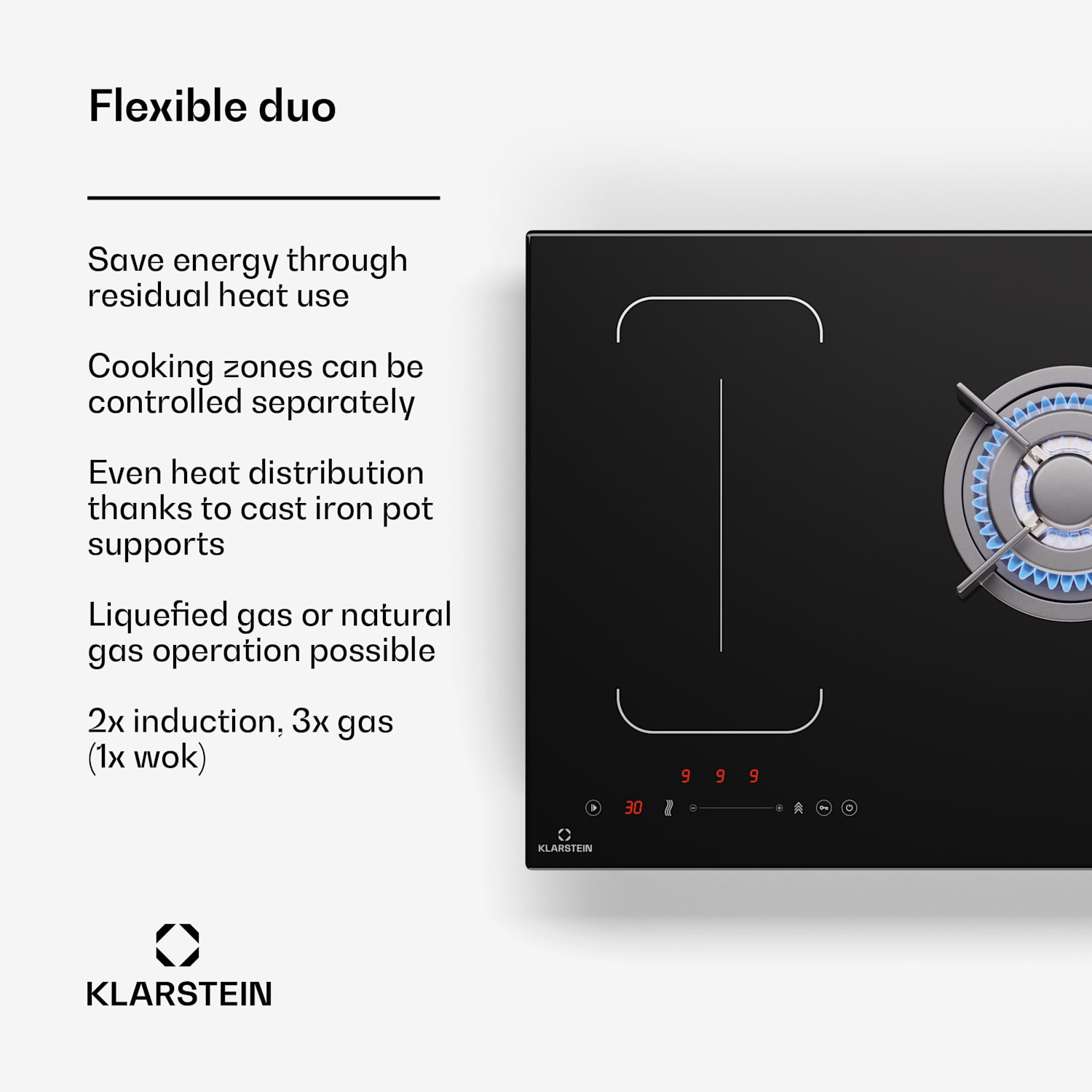 MultiChef 5 Wok, indukcijska i plinska ploča za kuhanje, 5 zona za kuhanje, 3 plinska plamenika, 2 indukcijske ploče za kuhanje, FlexZone 