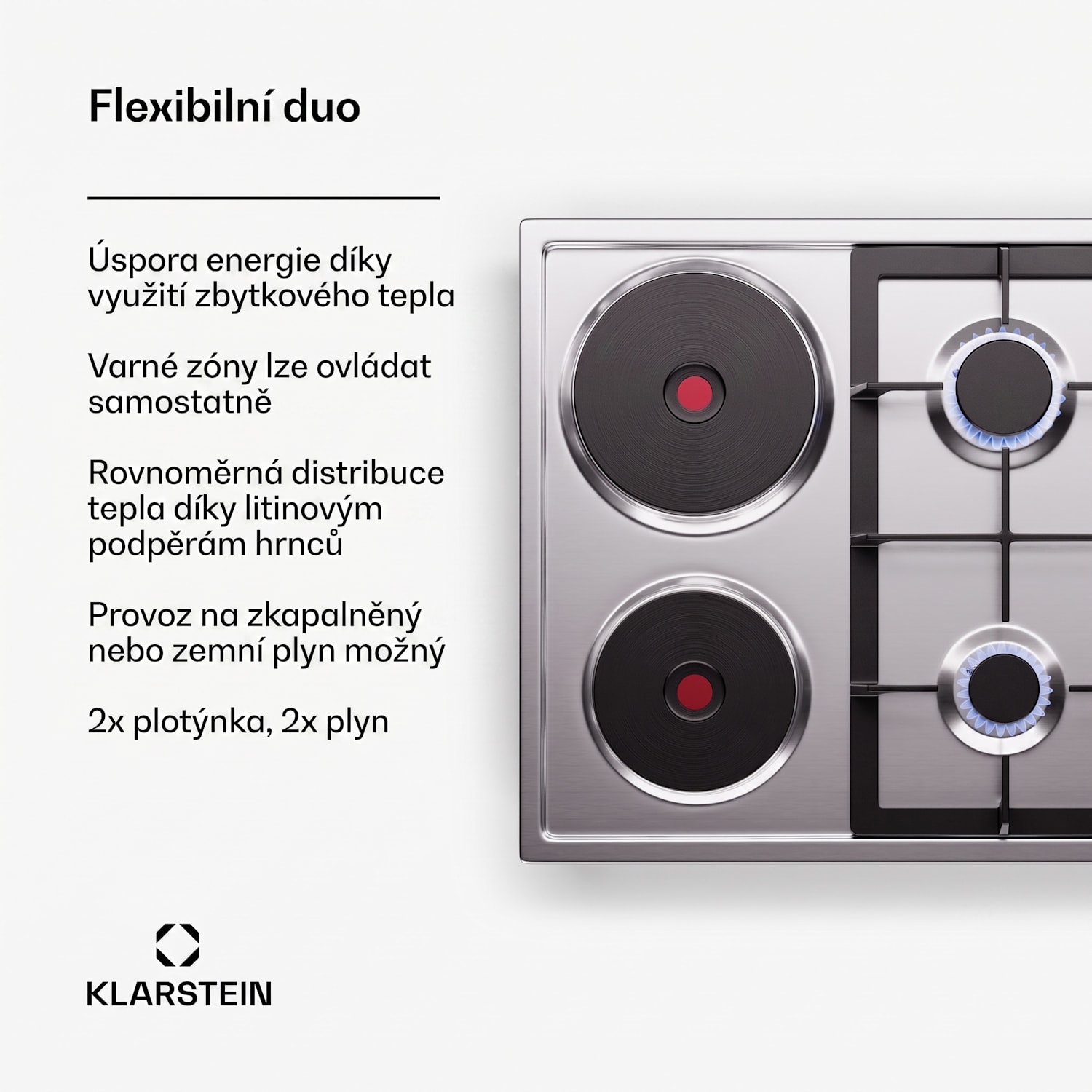 MultiChef 4 Hot Plate, elektrická a plynová varná deska, 4 varné zóny, 2 hořáky, 2 elektrické plotýnky 60 cm | Plynová a varná deska | Stříbrná