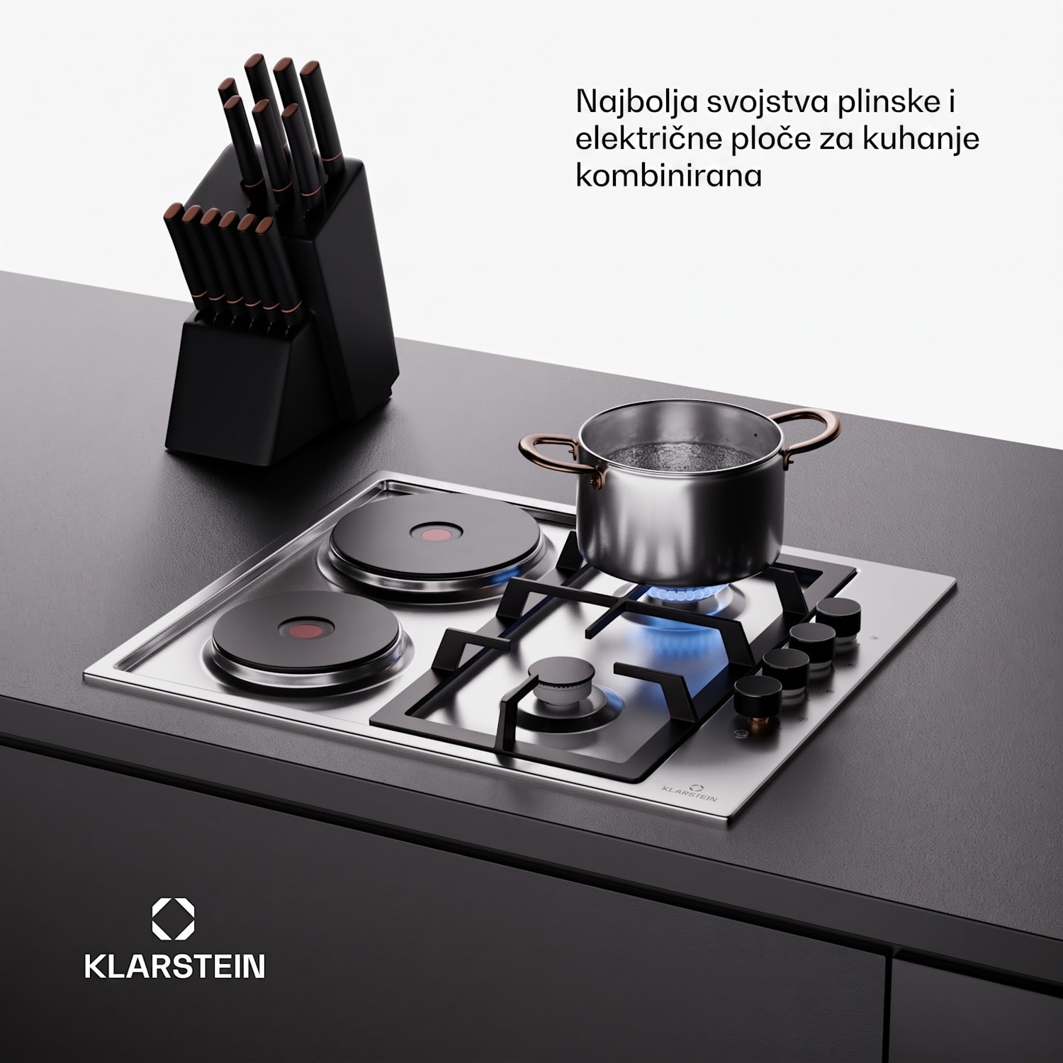 MultiChef 4 ploče za kuhanje, električna i plinska ploča za kuhanje, 4 polja za kuhanje, 2 plamenika, 2 električne ploče 60 cm | Plinska i ploča za kuhanje | Srebro
