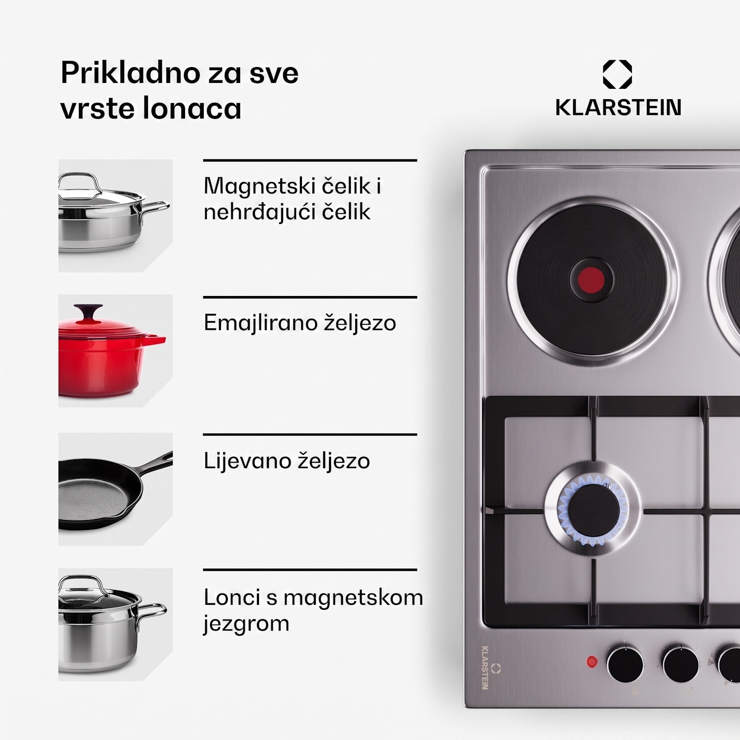 MultiChef 4 ploče za kuhanje, električna i plinska ploča za kuhanje, 4 polja za kuhanje, 2 plamenika, 2 električne ploče 60 cm | Plinska i ploča za kuhanje | Srebro