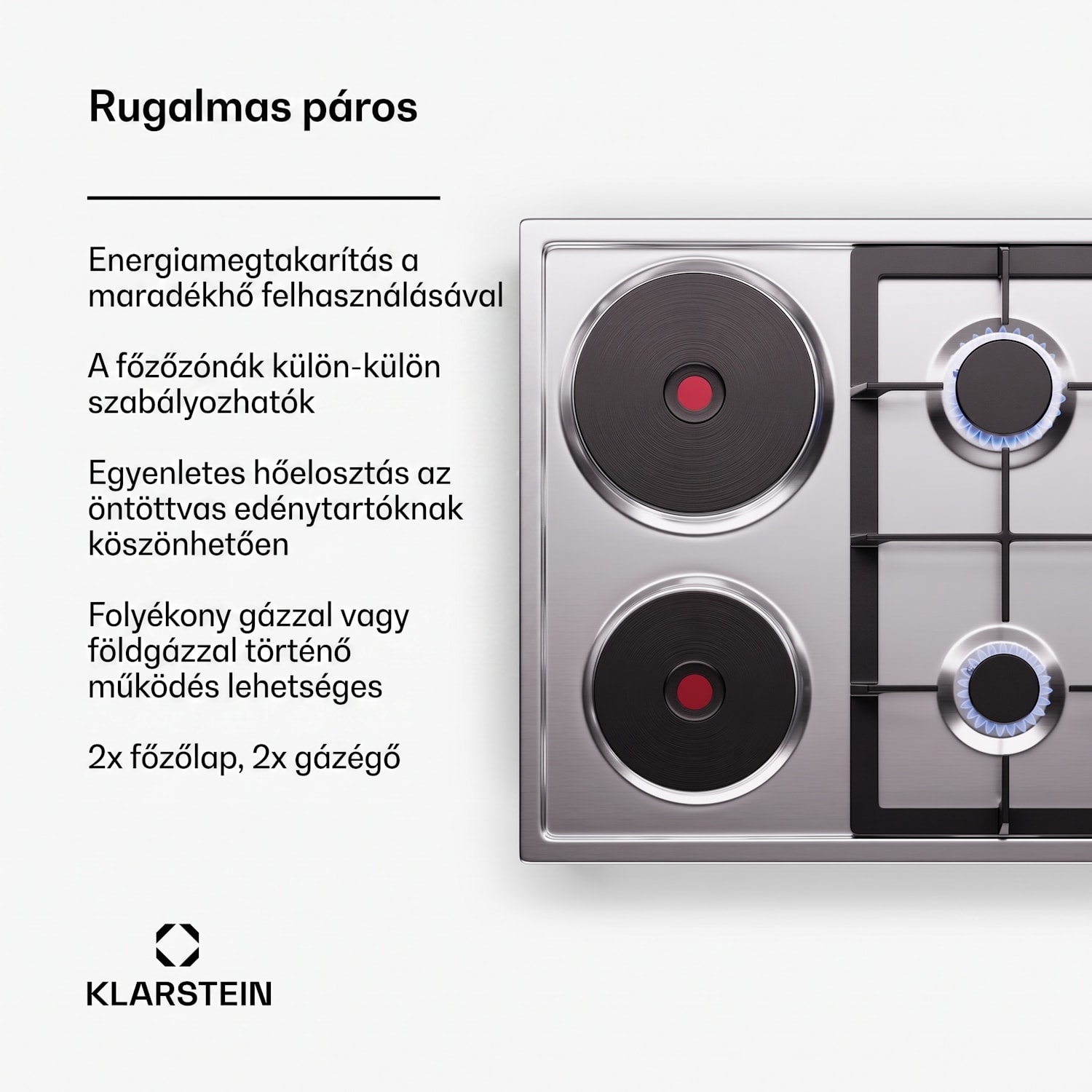 MultiChef 4 Hot Plate, villany és gáz főzőlap, 4 főzőzóna, 2 égő, 2 villany főzőlap 60 cm | Gáz + főzőlap | Ezüst