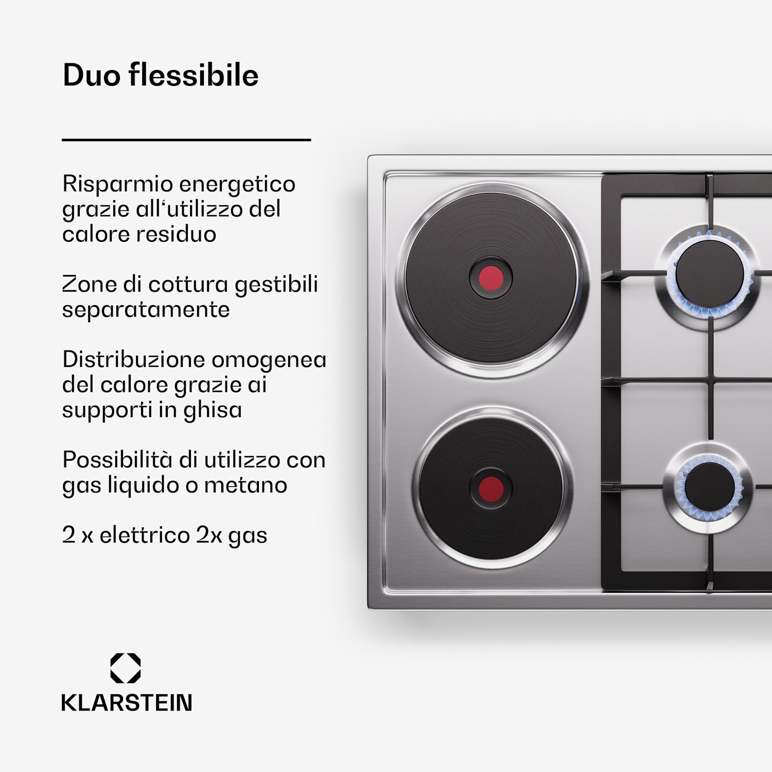 MultiChef 4 Hot Plate - Piano cottura elettrico e a gas, 4 zone di cottura, 2 bruciatori a gas, 2 zone elettriche 