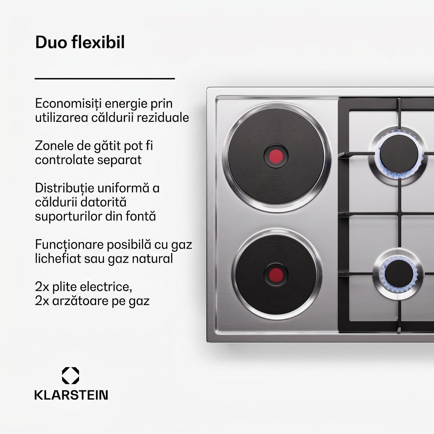 MultiChef 4 Hot Plate, plită electrică și pe gaz, 4 zone de gătit, 2 arzătoare, 2 plite electrice 60 cm | Plită pe gaz și de gătit | Argintiu
