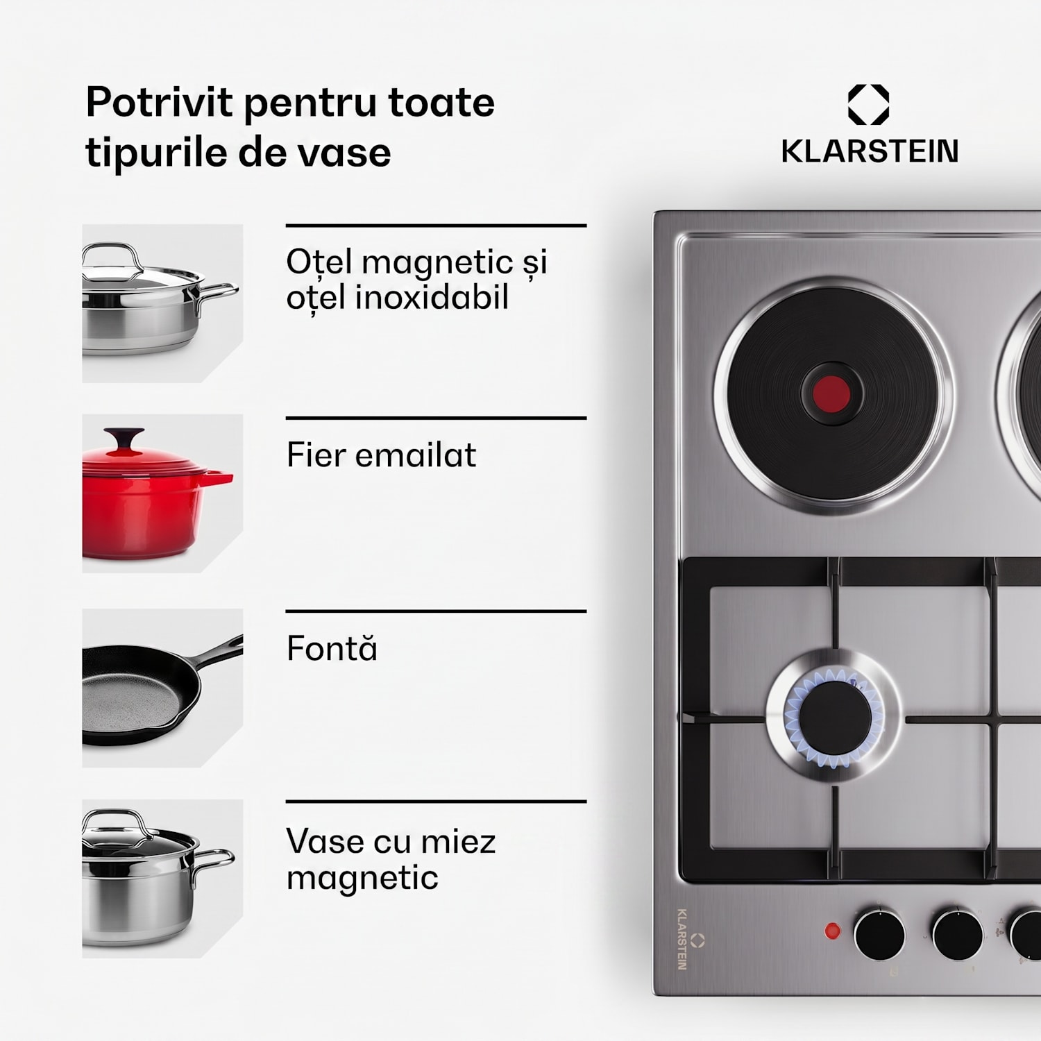 MultiChef 4 Hot Plate, plită electrică și pe gaz, 4 zone de gătit, 2 arzătoare, 2 plite electrice 60 cm | Plită pe gaz și de gătit | Argintiu