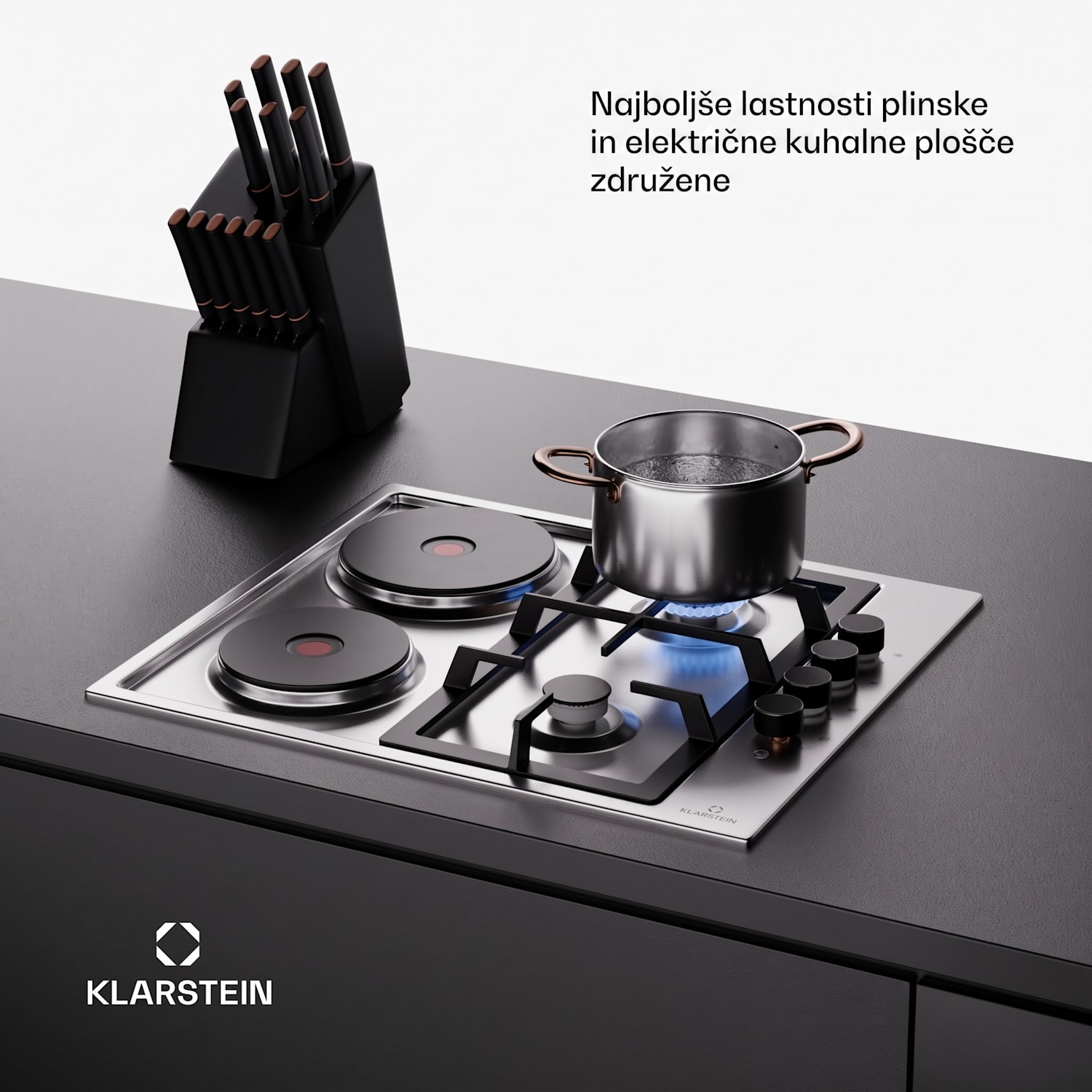 MultiChef 4 Hot Plate, električna in plinska kuhalna plošča, 4 kuhalne cone, 2 gorilnika, 2 električni kuhališči 60 cm | Plinska in kuhalna plošča | Srebrna