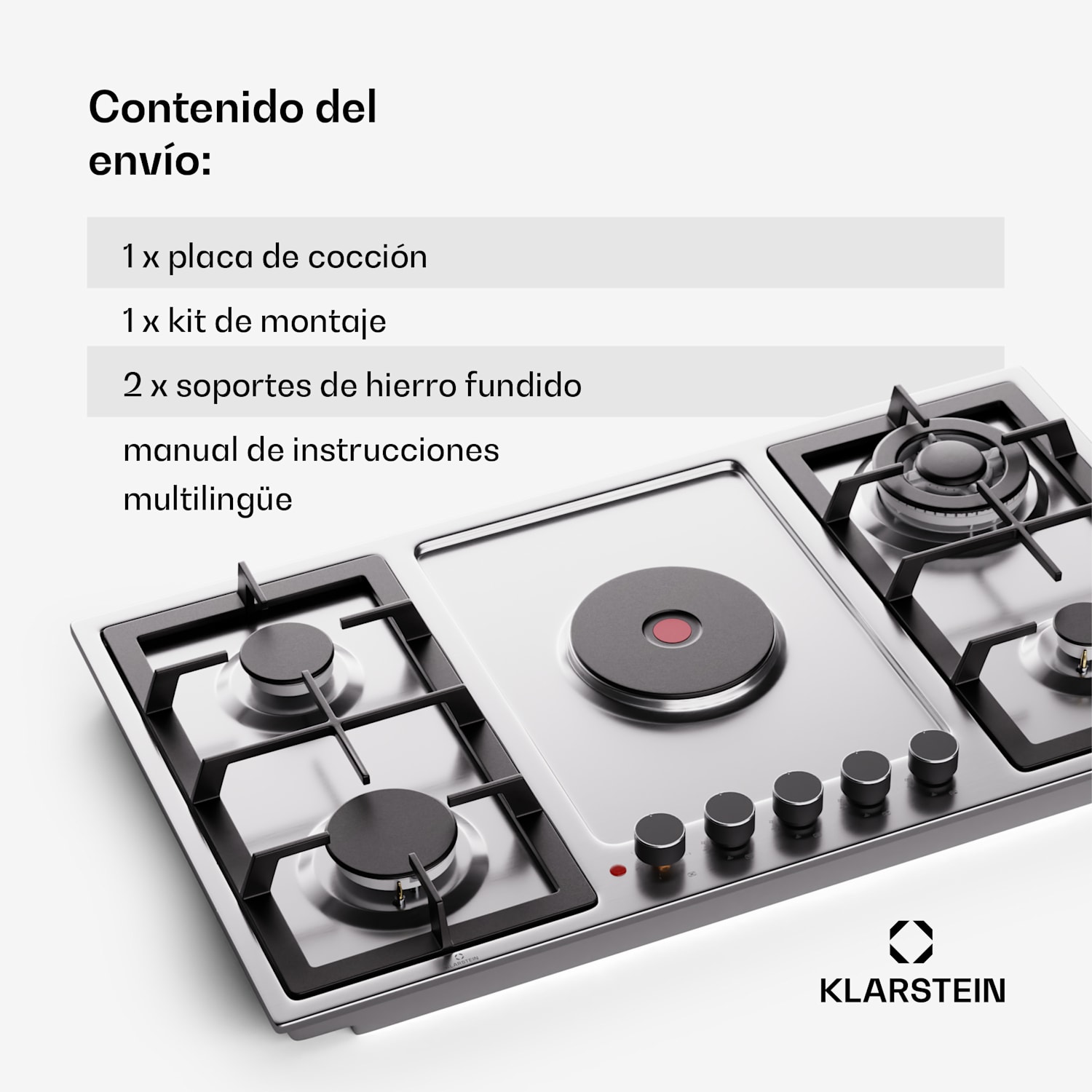 Placa de cocción eléctrica y de gas MultiChef 5 5 zonas de cocción 4 quemadores de gas 1 placas eléctricas 90 cm | Placa de gas y cocina | Plata