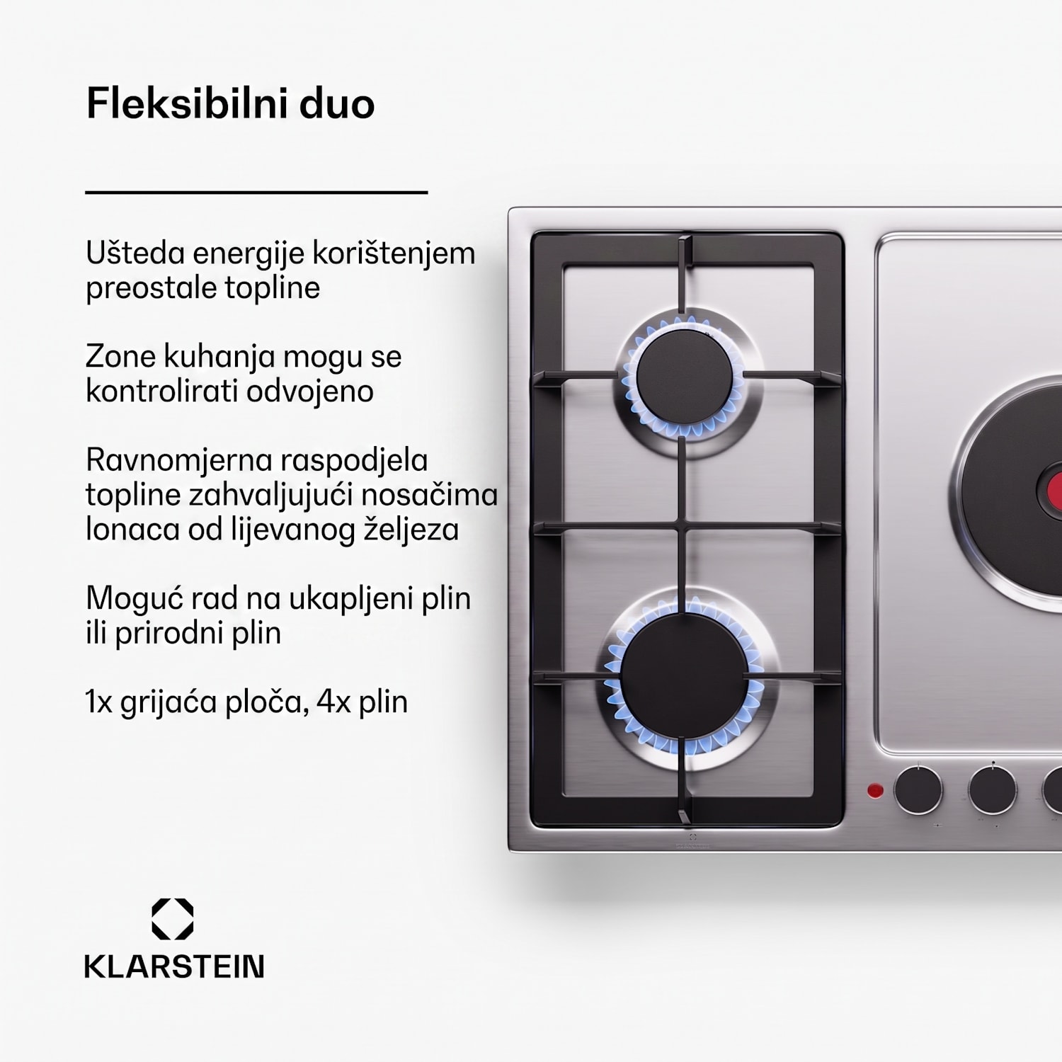 MultiChef 5 ploča za kuhanje, električna i plinska ploča za kuhanje, 5 zona za kuhanje, 4 plamenika, 1 električna ploča 90 cm | Plinska i ploča za kuhanje | Srebro