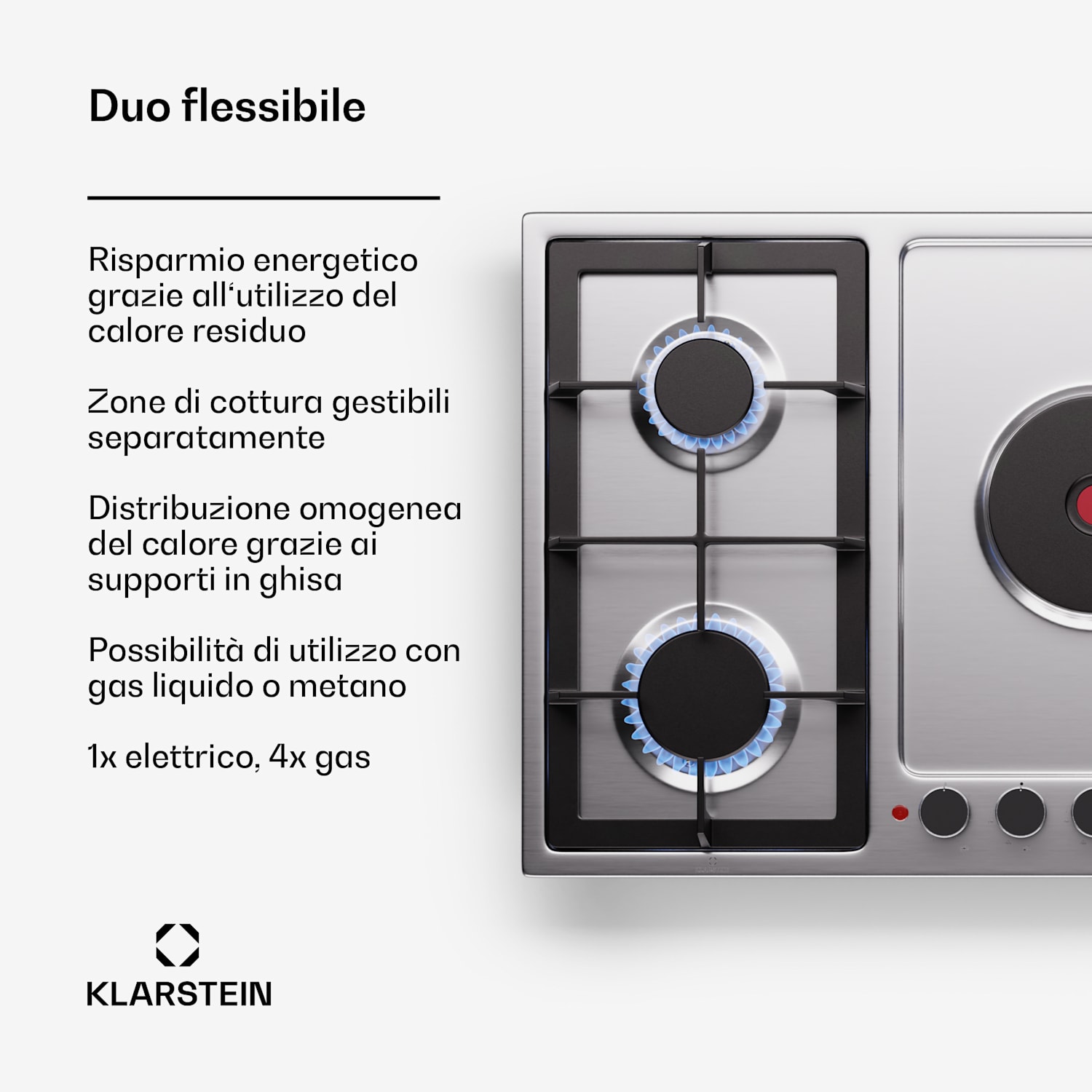 MultiChef 5 Hot Plate - Piano cottura elettrico e a gas, 5 zone di cottura, 4 bruciatori a gas, 1 zona elettrica 90 cm | Piano cottura a gas + cottura | Argento