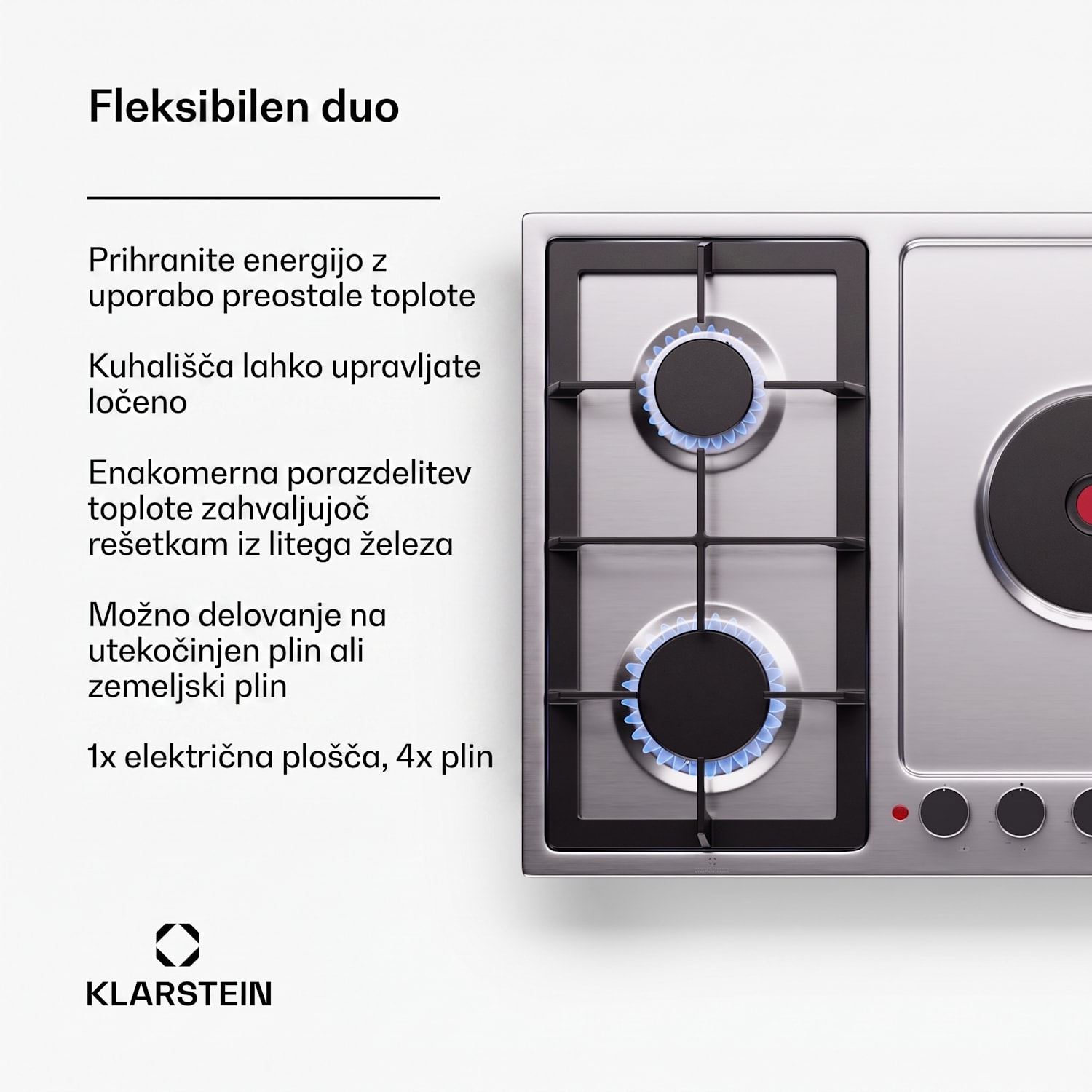 MultiChef 5 Hot Plate, električna in plinska kuhalna plošča, 5 kuhalnih con, 4 gorilniki, 1 električna plošča 90 cm | Plinska in kuhalna plošča | Srebrna
