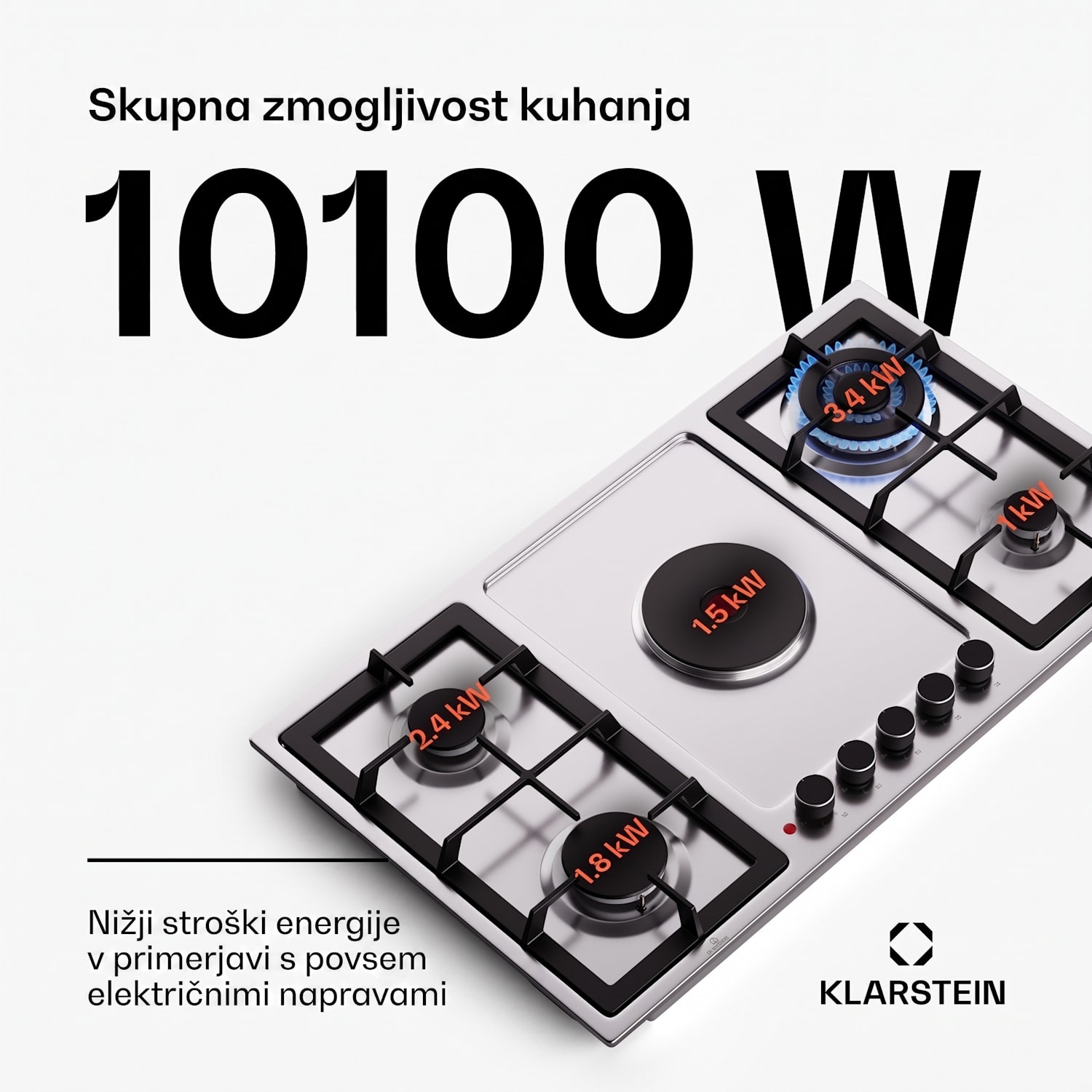 MultiChef 5 Hot Plate, električna in plinska kuhalna plošča, 5 kuhalnih con, 4 gorilniki, 1 električna plošča 90 cm | Plinska in kuhalna plošča | Srebrna