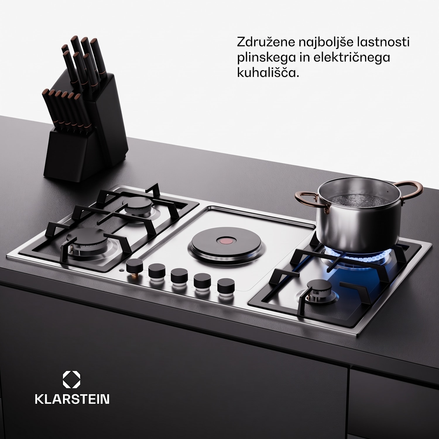 MultiChef 5 Hot Plate, električna in plinska kuhalna plošča, 5 kuhalnih con, 4 gorilniki, 1 električna plošča 90 cm | Plinska in kuhalna plošča | Srebrna