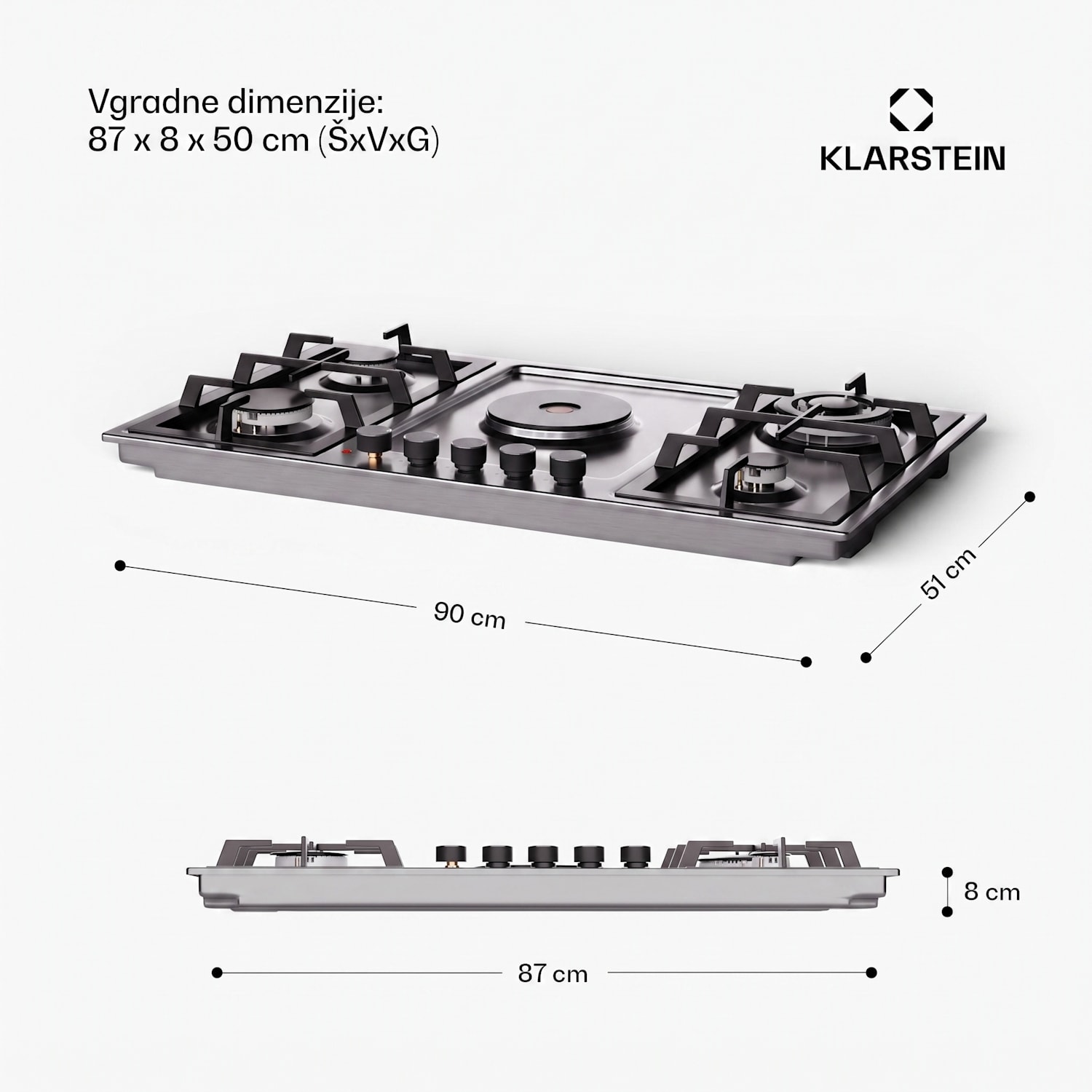MultiChef 5 Hot Plate, električna in plinska kuhalna plošča, 5 kuhalnih con, 4 gorilniki, 1 električna plošča 90 cm | Plinska in kuhalna plošča | Srebrna