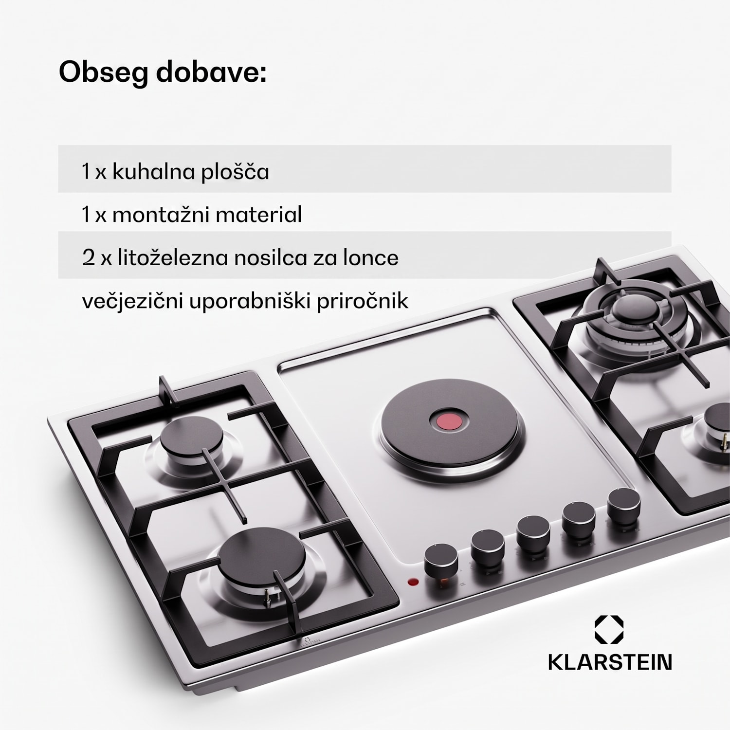 MultiChef 5 Hot Plate, električna in plinska kuhalna plošča, 5 kuhalnih con, 4 gorilniki, 1 električna plošča 90 cm | Plinska in kuhalna plošča | Srebrna