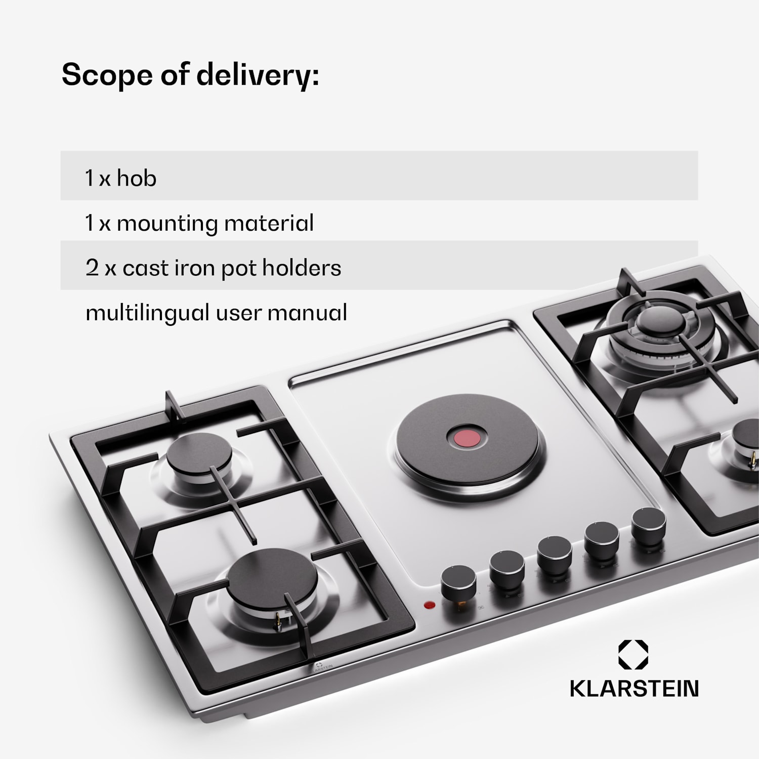 MultiChef 5 Hot Plate, elektrická a plynová varná doska, 5 varných zón, 4 horáky, 1 elektrická platňa 90 cm | Plynová a varná doska | Strieborná