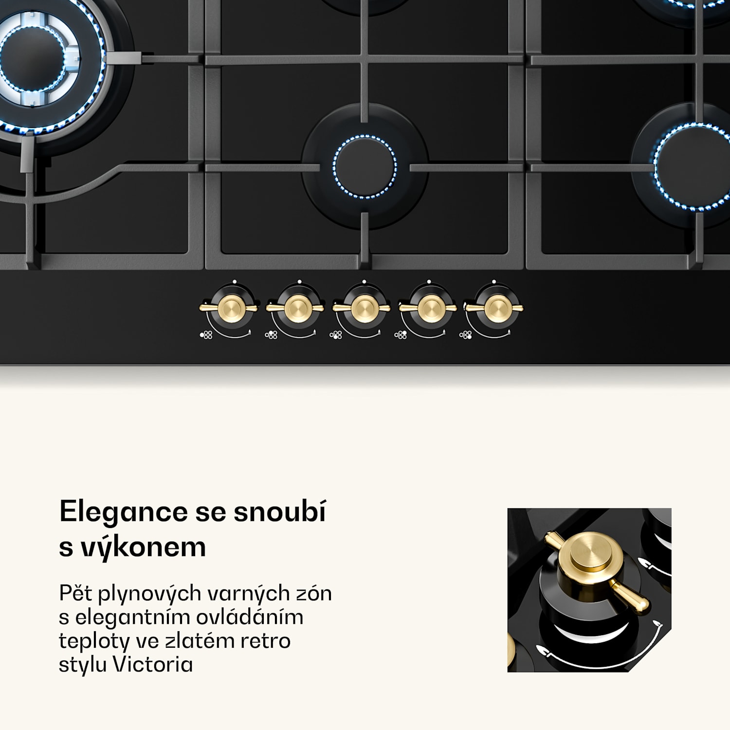 Victoria Chef Edition, plynová varná deska, 5 zón 90 cm | Sklo | Černá