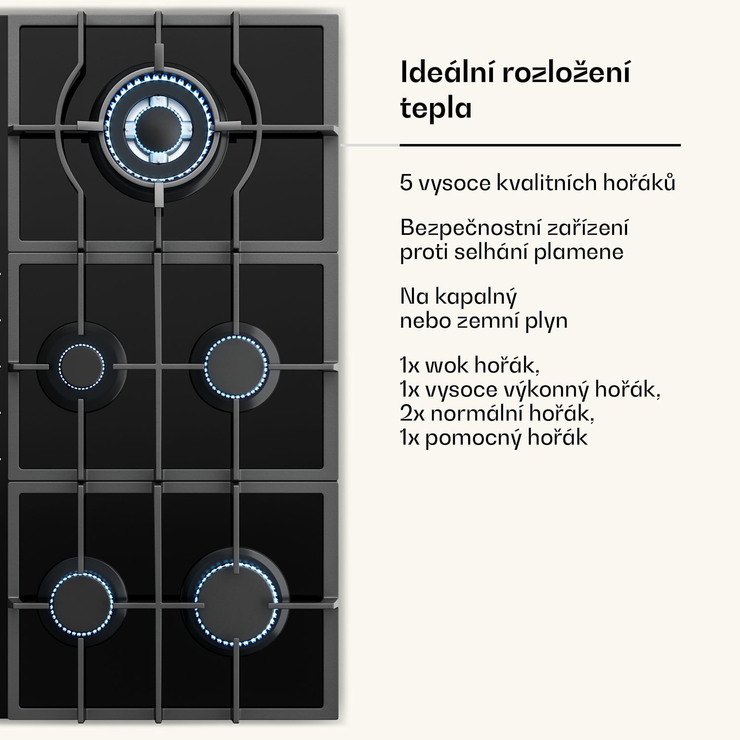 Victoria Chef Edition, plynová varná deska, 5 zón 90 cm | Sklo | Černá