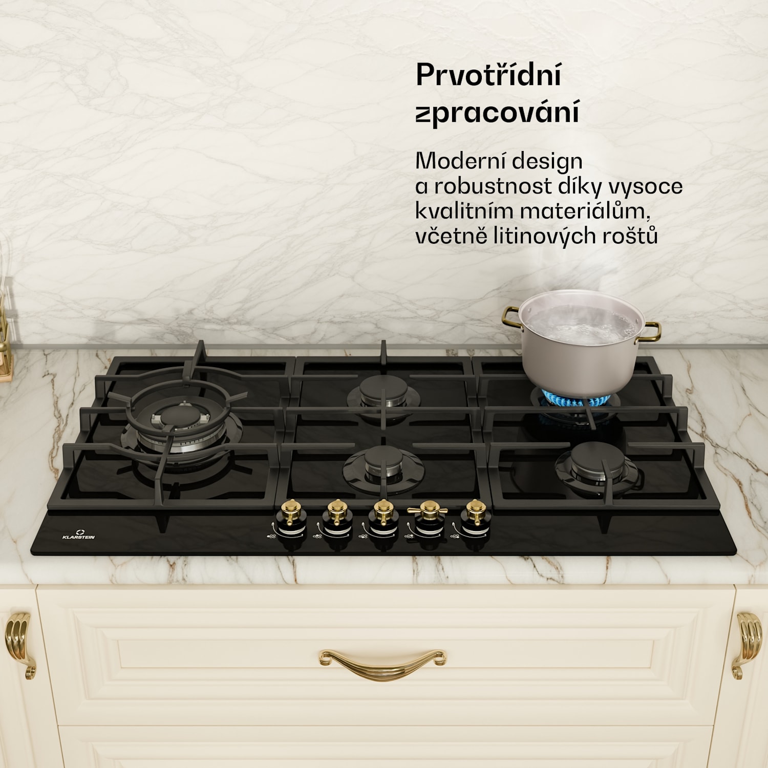 Victoria Chef Edition, plynová varná deska, 5 zón 90 cm | Sklo | Černá