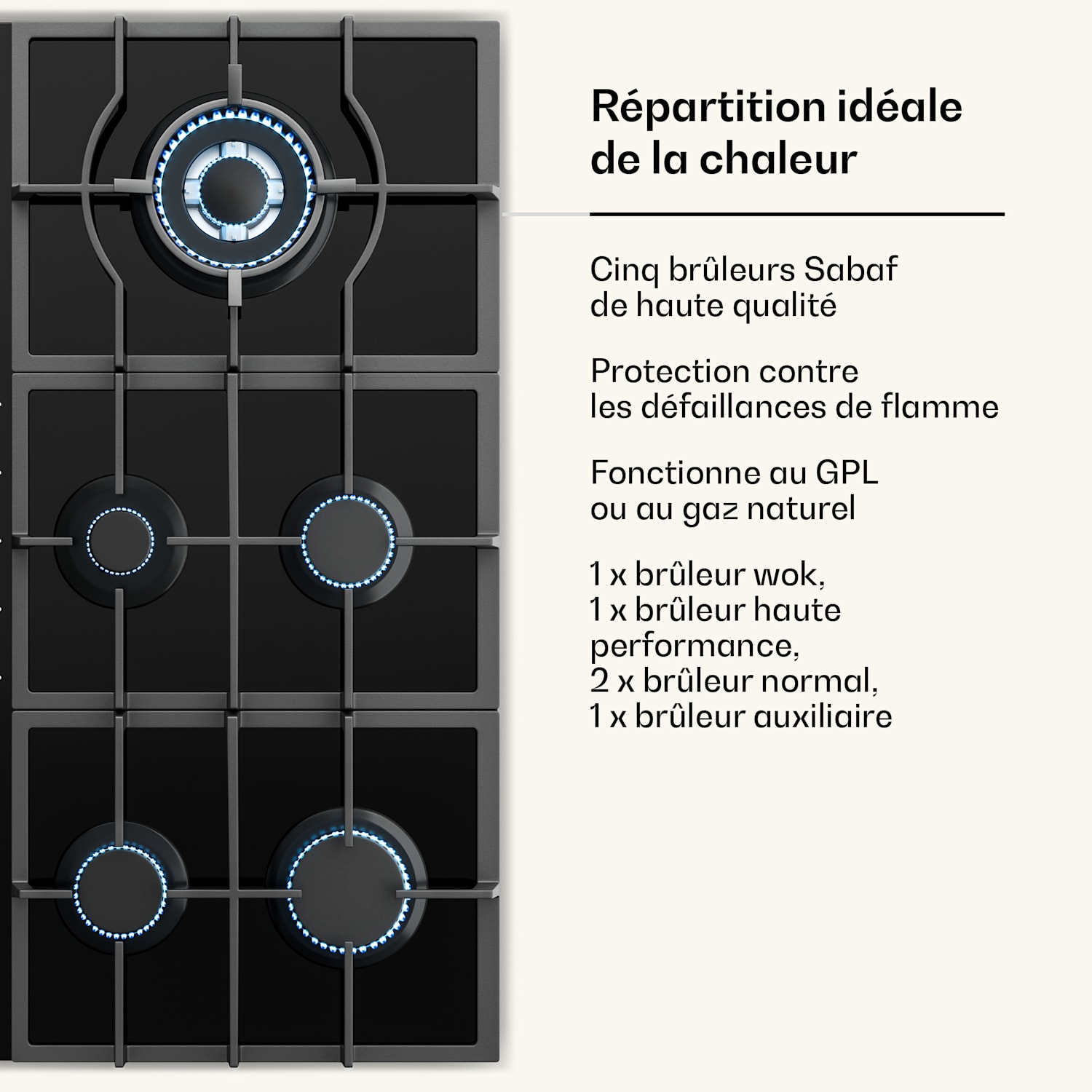  <p>Klarstein Victoria Chef Edition 5-zones gaskookplaat 5-pits</p> 90 cm | Glas | Zwart