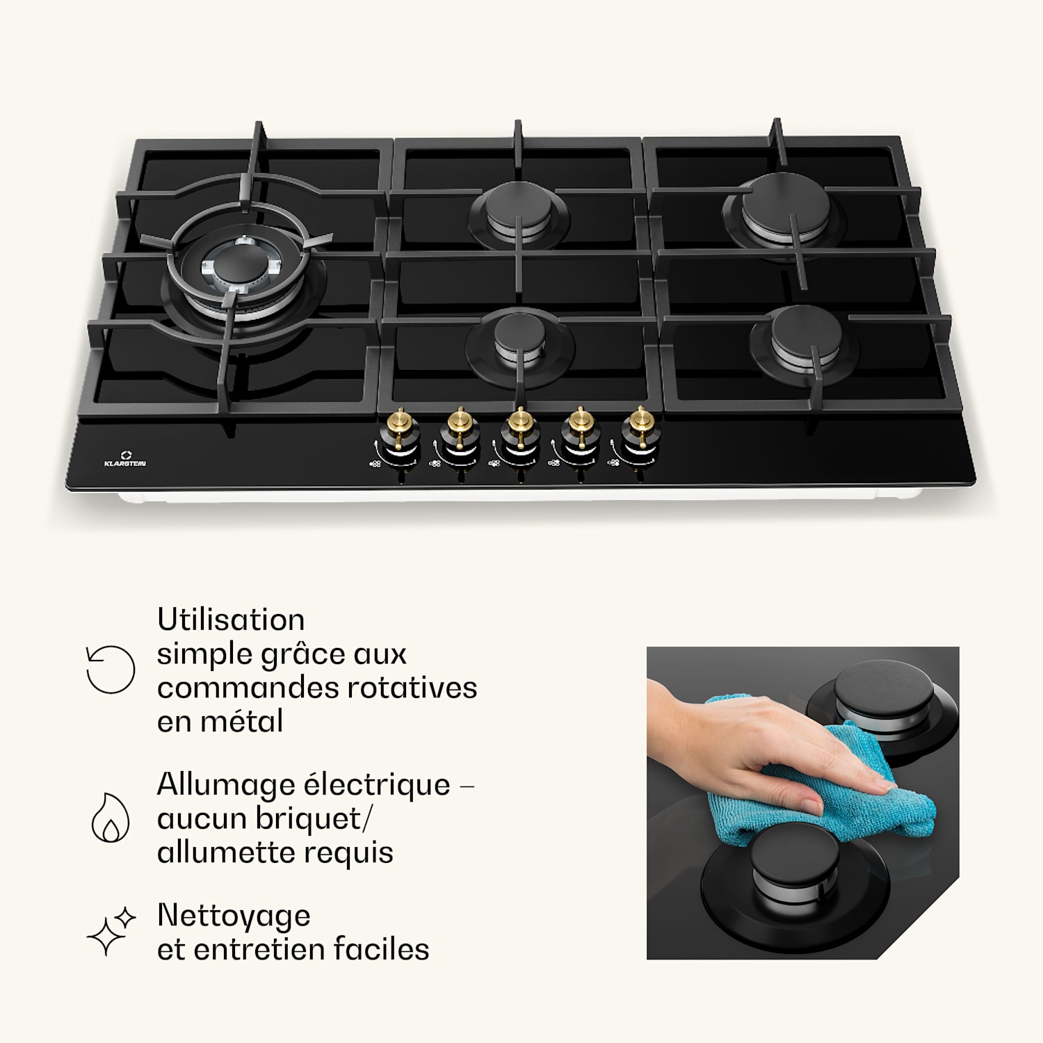  <p>Klarstein Victoria Chef Edition 5-zones gaskookplaat 5-pits</p> 90 cm | Glas | Zwart