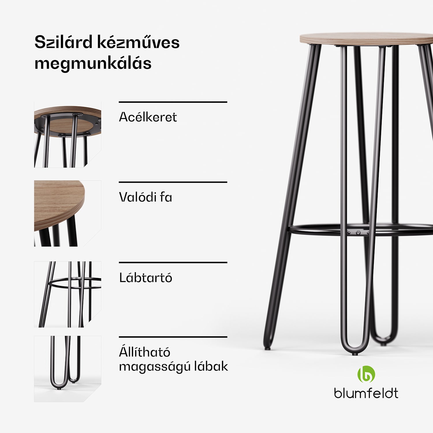 1 db. Hamilton bisztró szék Ø33 cm Fa acélkeret Tölgy