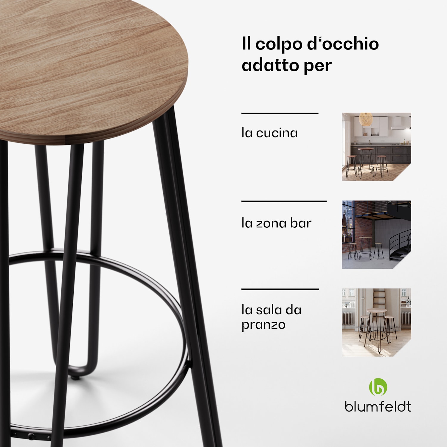 Hamilton - Sedia da bistrot, 1 pz. Ø 33 cm, legno, telaio di acciaio Quercia