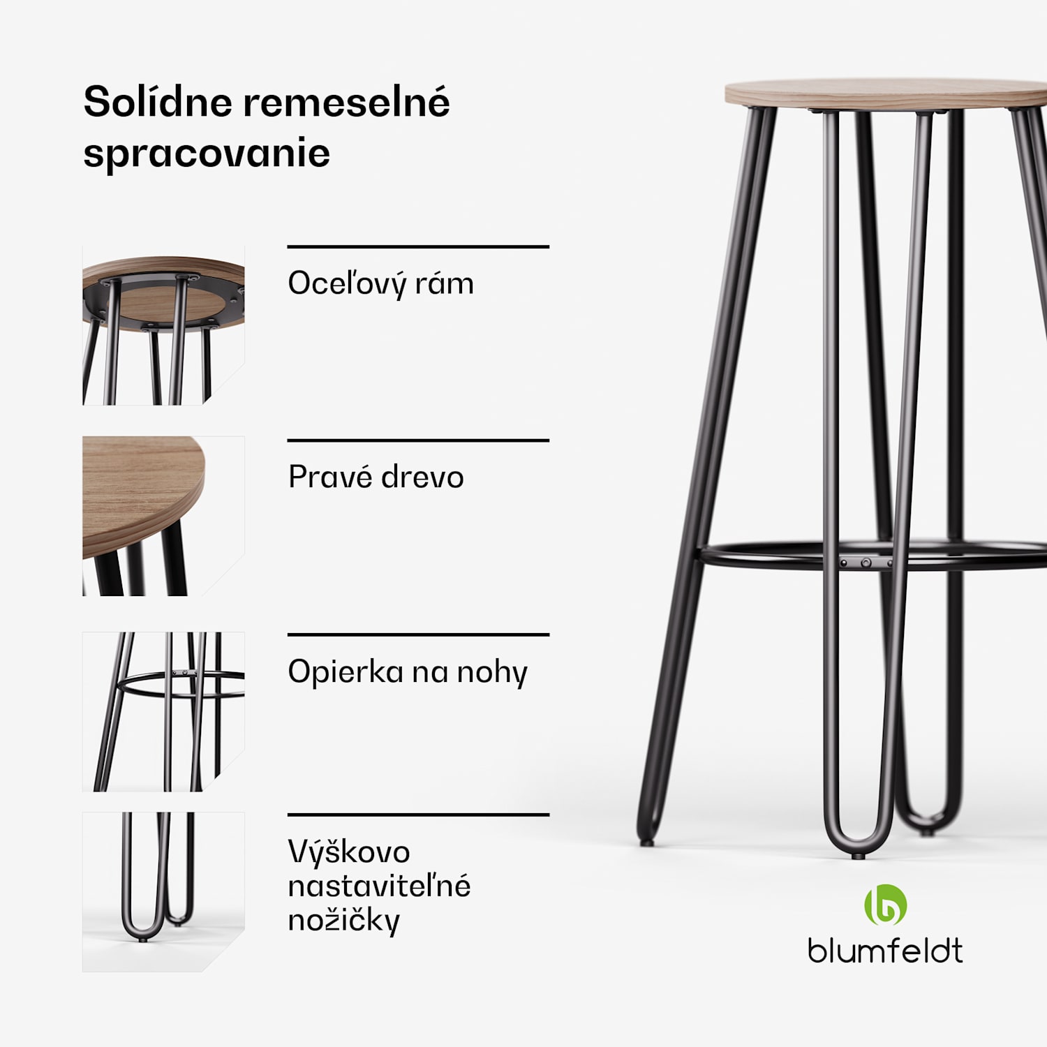 Bistro stolička Hamilton 1 ks. Ø33cm Drevený oceľový rám Dub