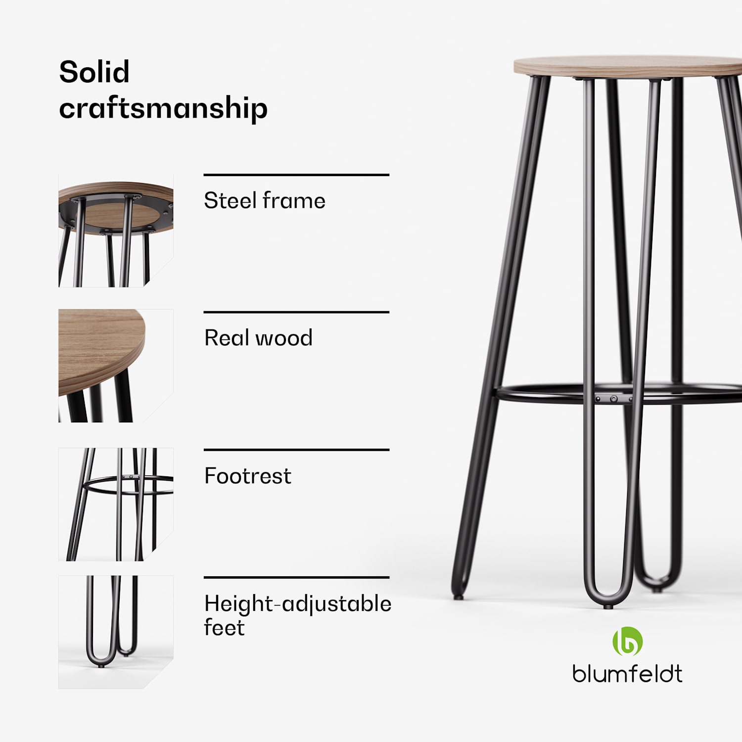 Hamilton bistrostoel 1 stuks Ø33cm hout stalen frame 