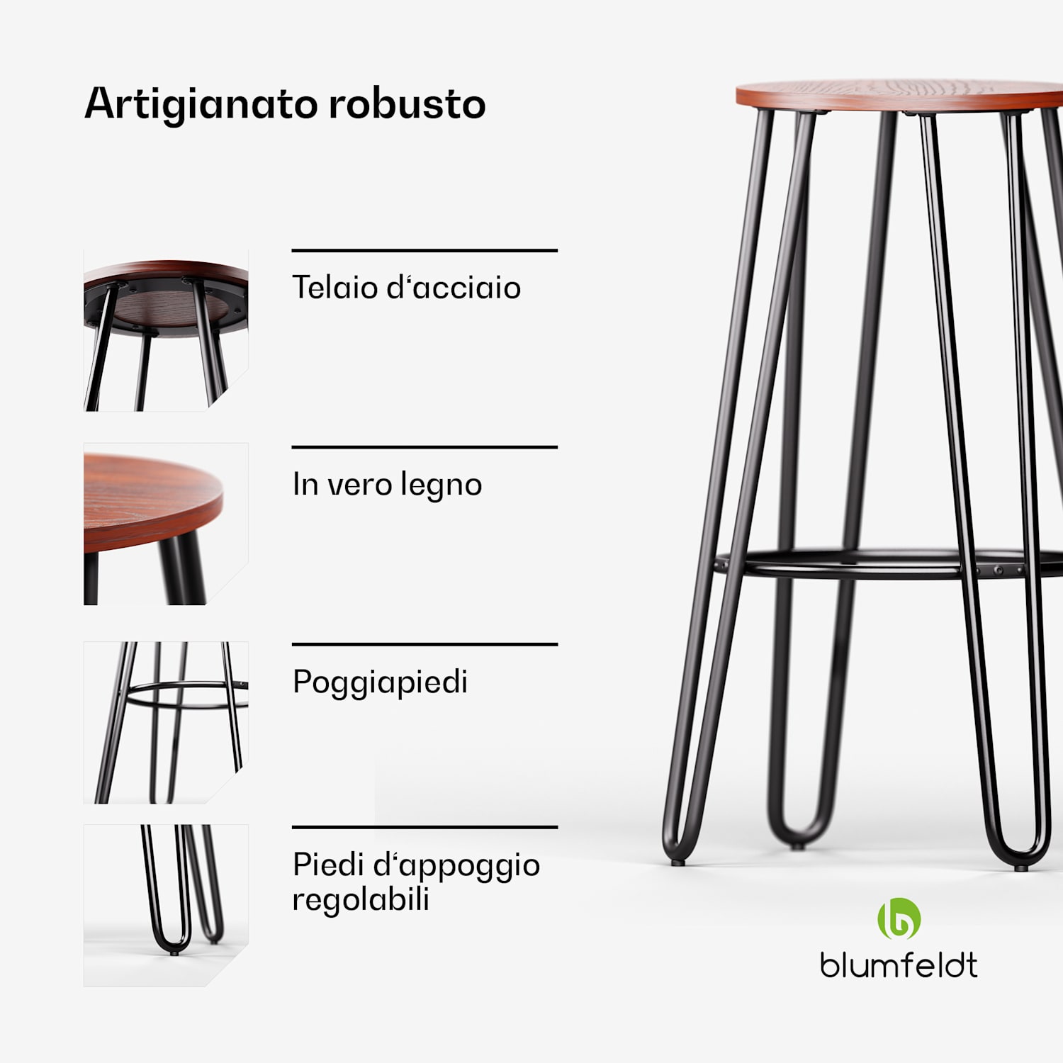 Hamilton - Sedia da bistrot, 1 pz. Ø 33 cm, legno, telaio di acciaio Mogano