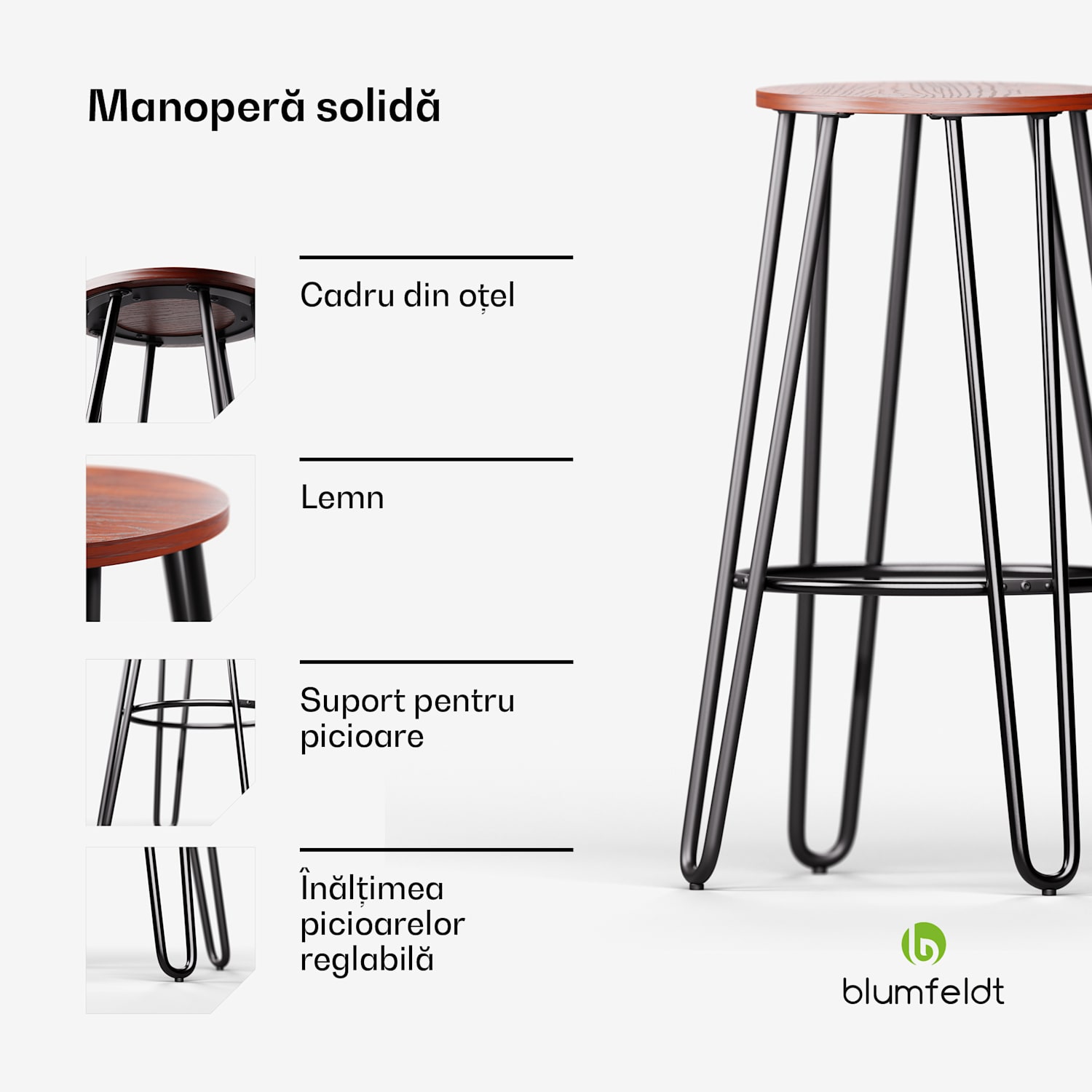 Scaun de bistro Hamilton 1 buc. Cadru din oțel și lemn Ø33cm Mahon